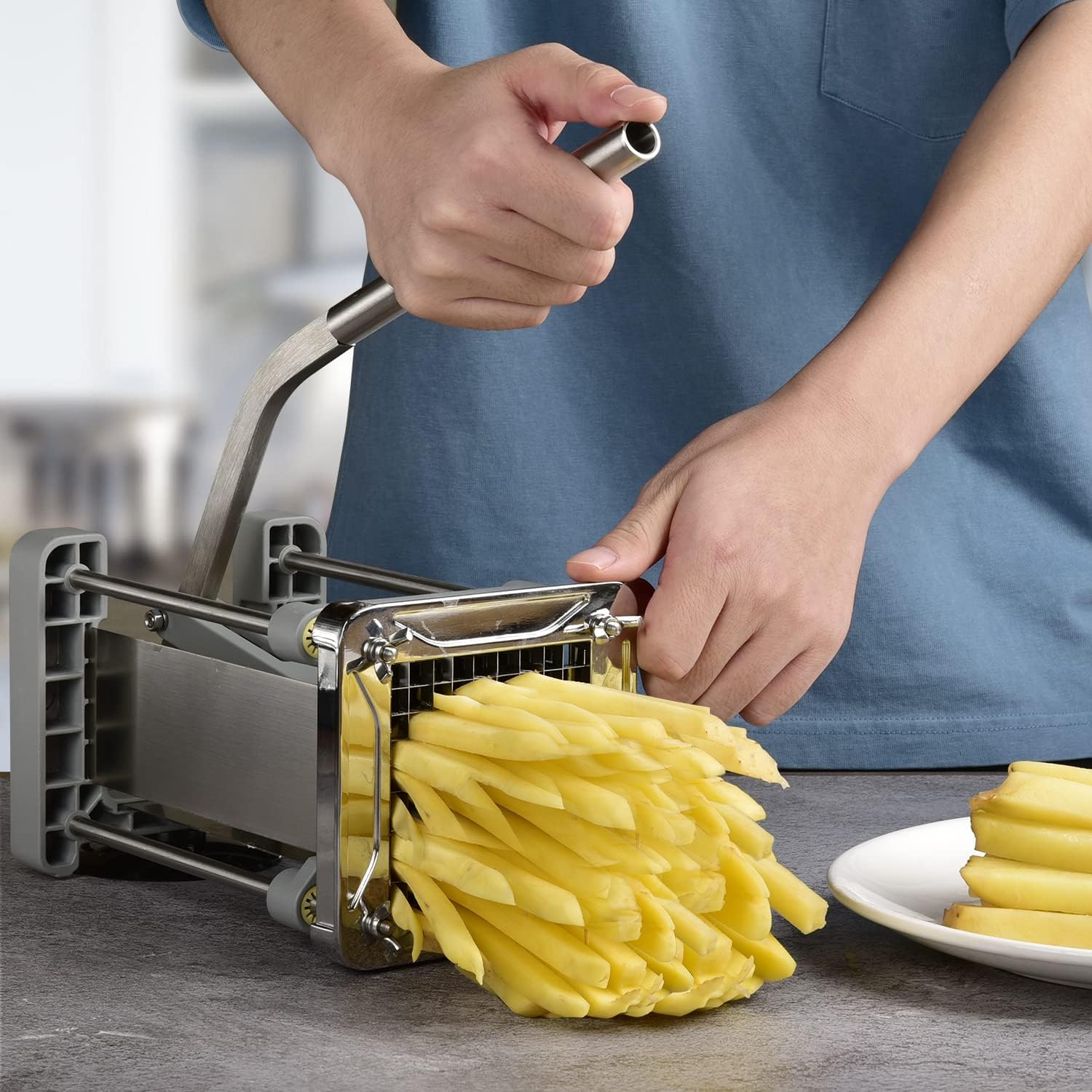 French Fry Cutter, Sopito Professional Potato Cutter Stainless Steel with 3/8-Inch and 1/4-Inch Blade Great for Potatoes Carrots Cucumbers