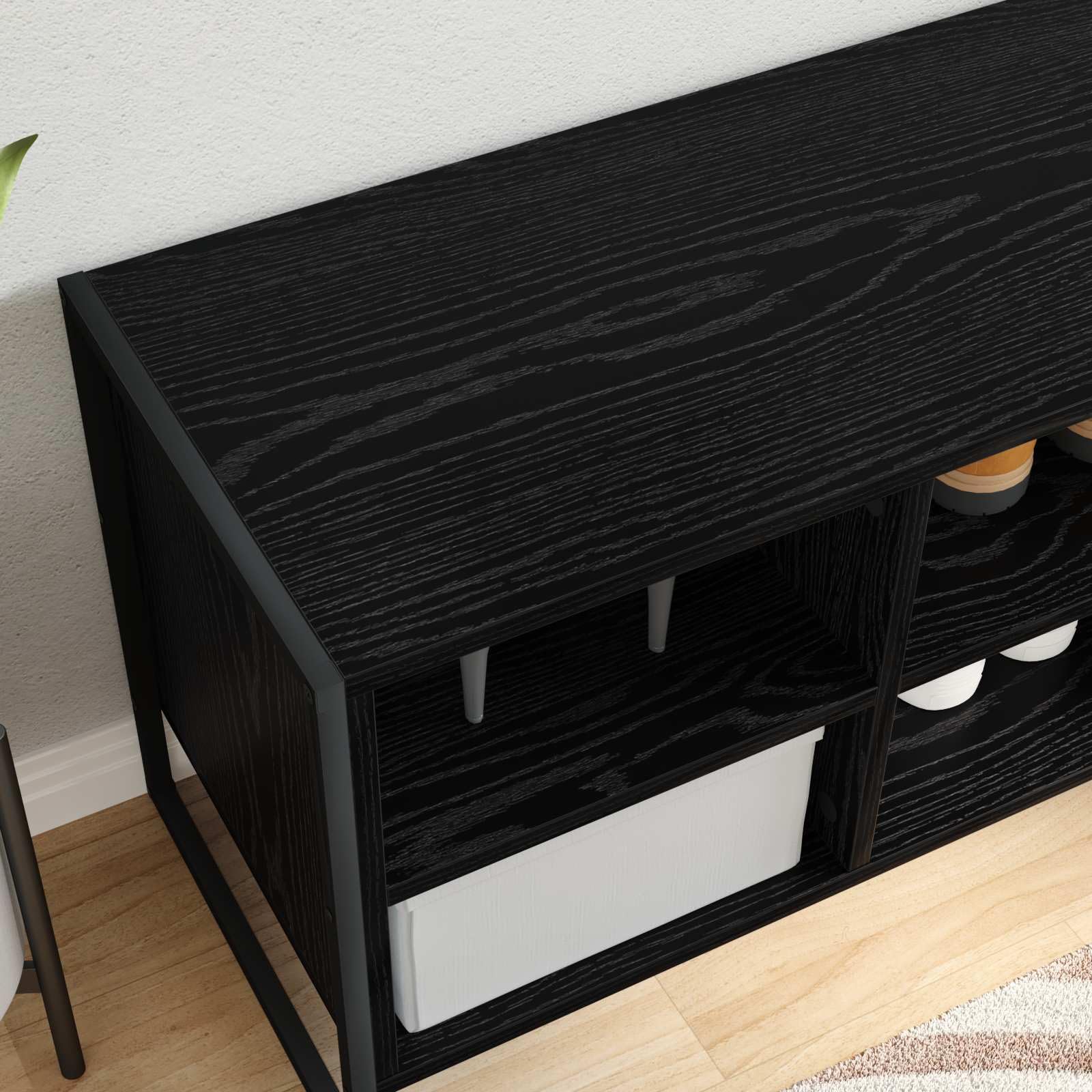 Schuhschrank Schwarz Eichen-Optik 60 x 35 x 44 cm Holzwerkstoff, schmaler Schuhständer mit Stauraum, platzsparende Schuhablage für Flur und Diele, geschlossene Aufbewahrung