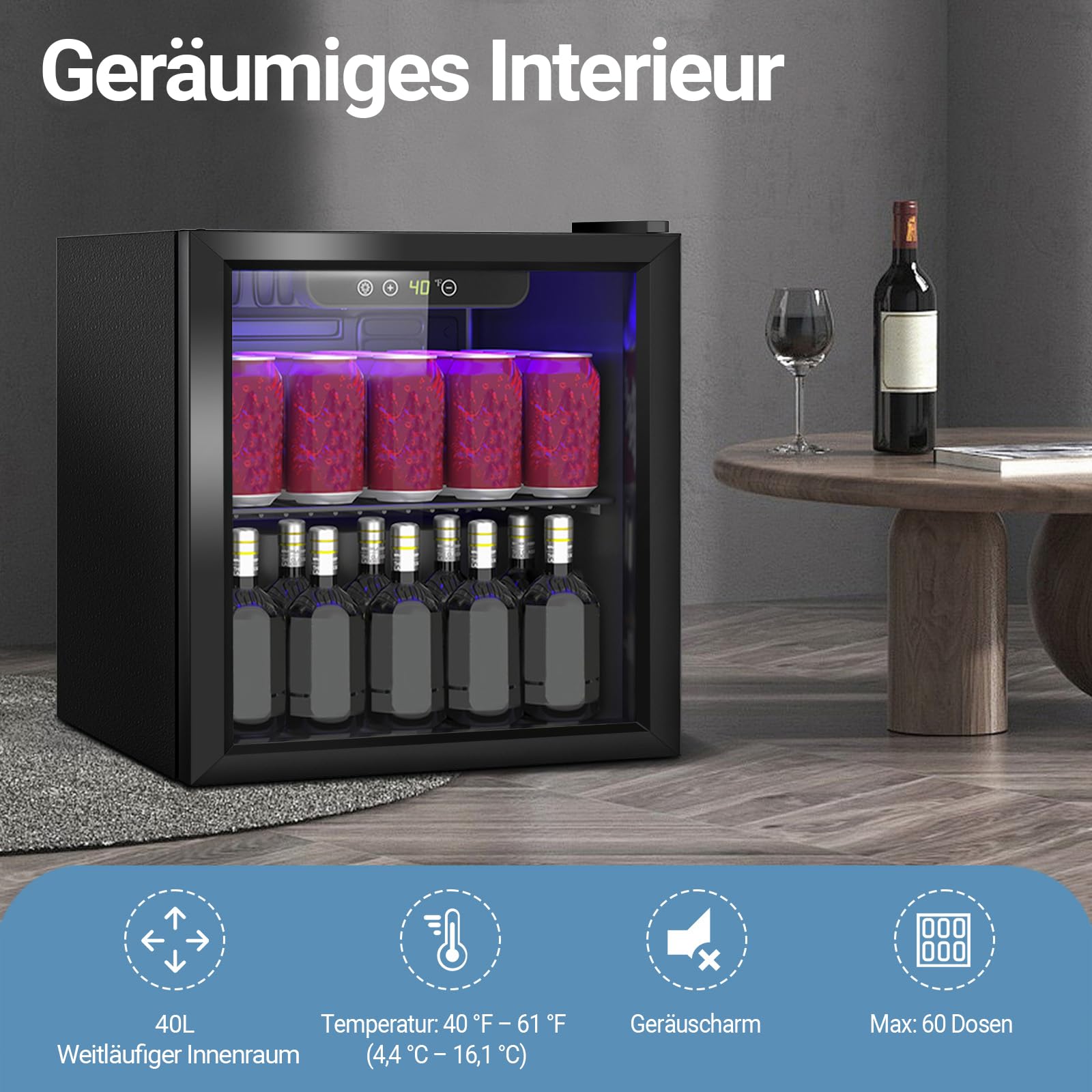 Getränkekühlschrank 40L Mini-Kühlschrank mit Transparenter Tür für Limonade Bier Wein, freistehend, verstellbare Regale LED-Display