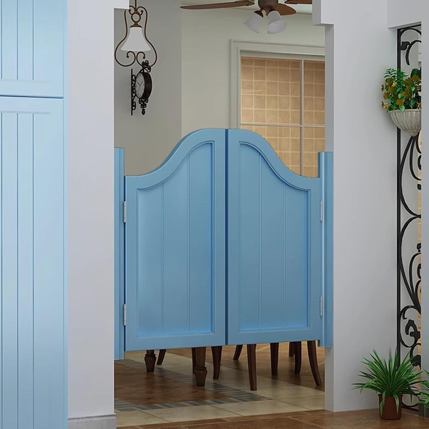 Arched Top Retro Cafe Saloon Doors, Solid Wood Swinging Doors for Restaurant Bar Shop Kitchen Bathroom, Double Half-Waist Door Hinges Included (Color : Light Blue, Size : W 140cm (55 1/8"))