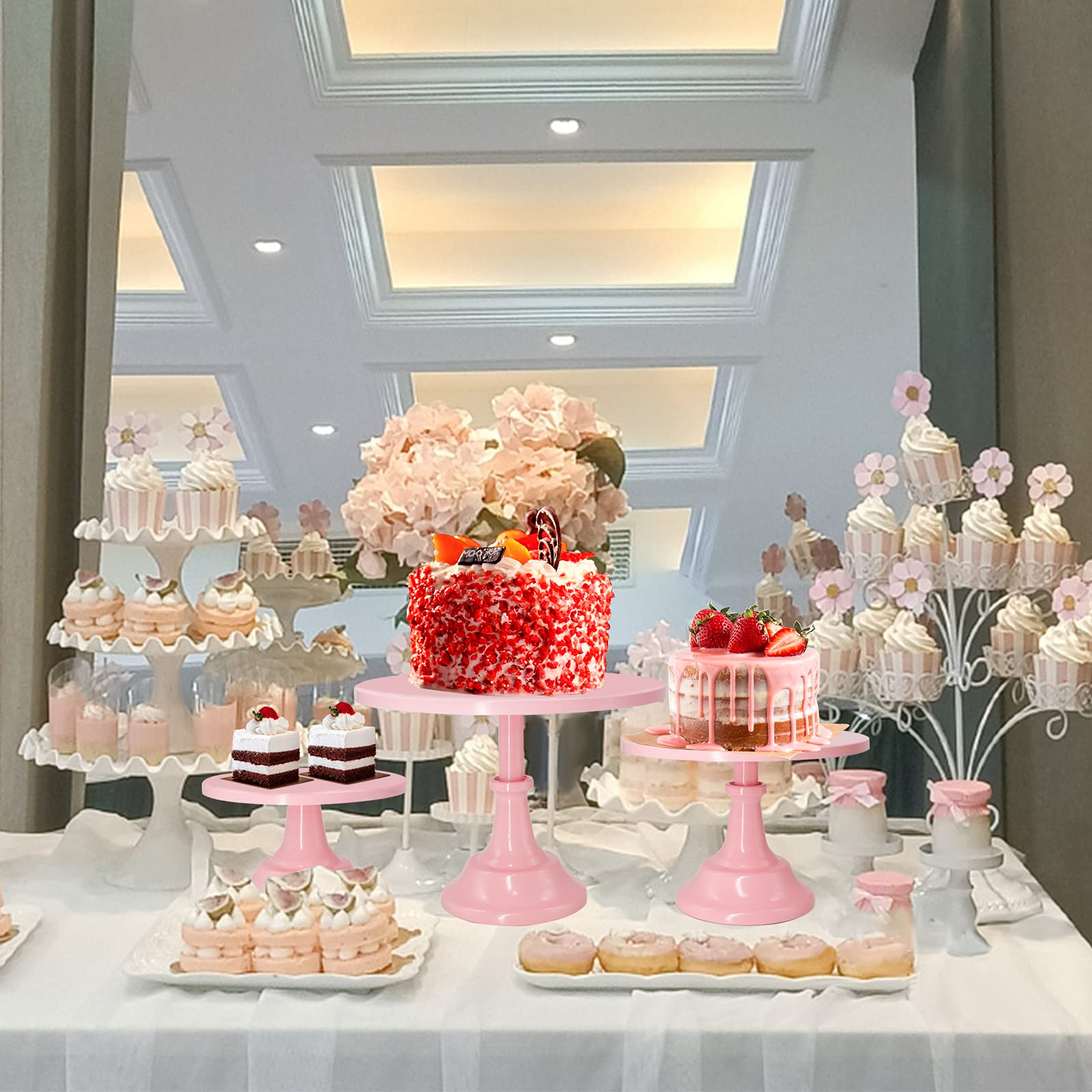 Set mit 3 Stück Kuchenständer Eisen Kuchenhalter Dessert Display Teller Serviertablett für Babyparty, Hochzeit, Geburtstagsfeier (Rosa)