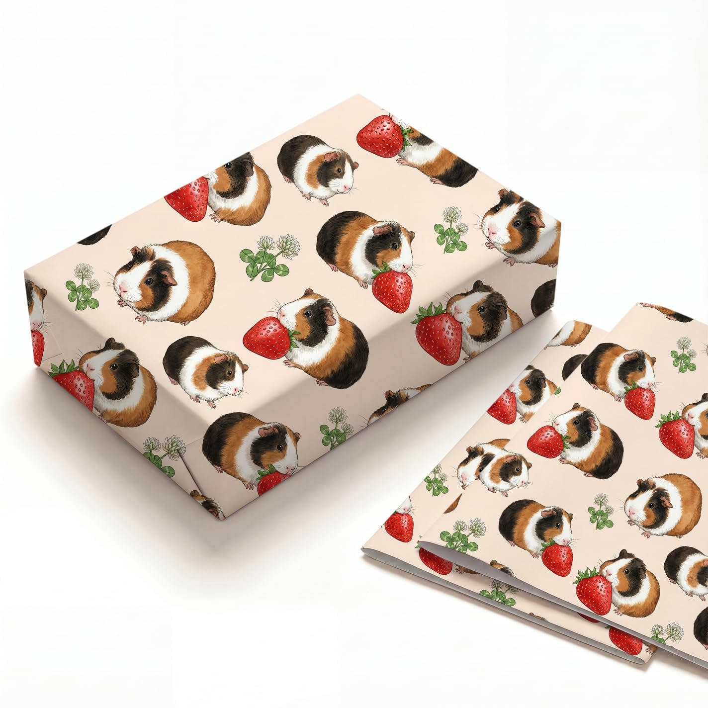 Cute Guinea Pig Birthday Wrapping Paper 2 Folded Sheets, Thick Kraft Wrapping Paper for Women Girls, Strawberry Clover Print Present Packaging for Teen Pet Lover