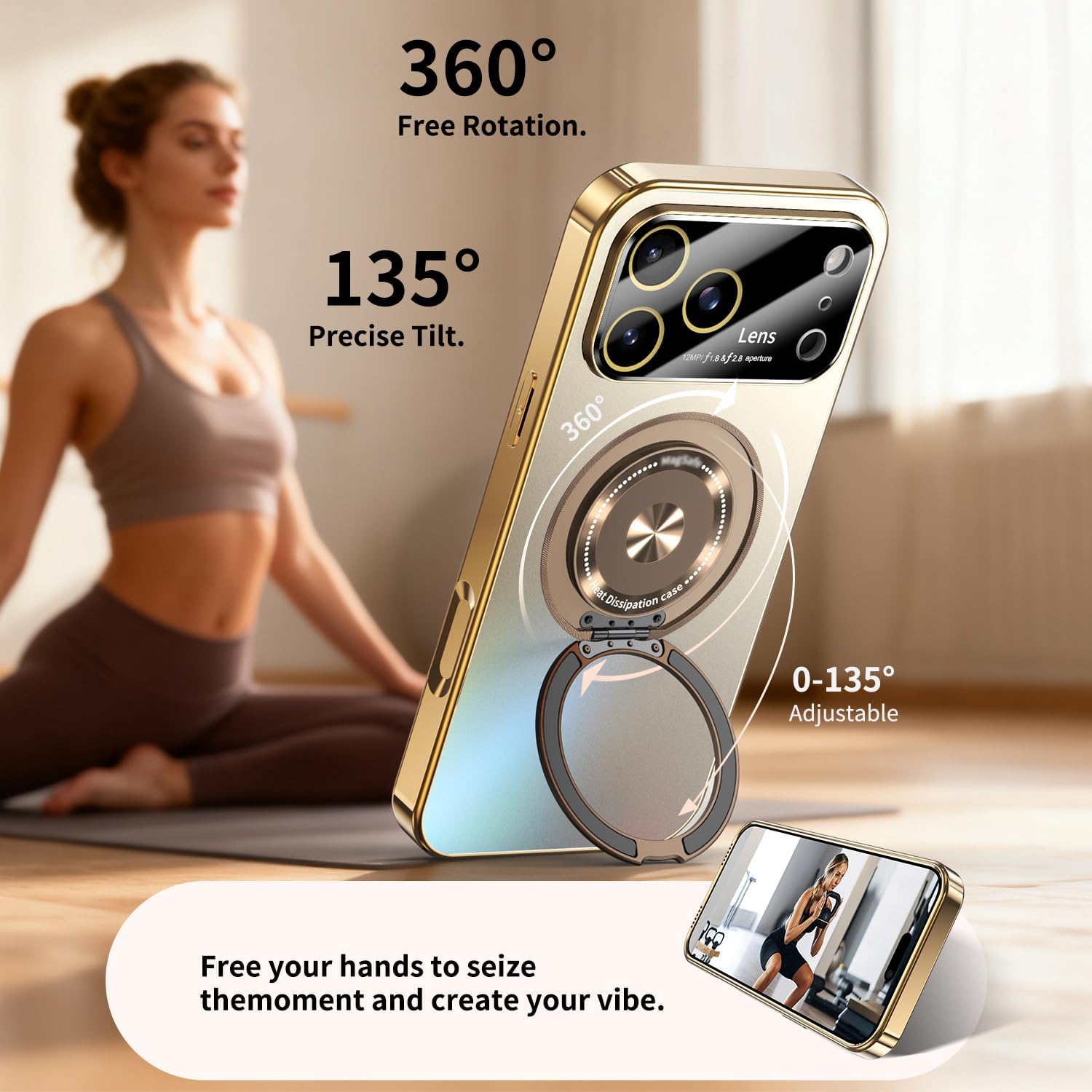 for iPhone 17 Pro Max Case with Spin Magnetic Stand [Integrated Camera Cover] [Fit for MagSafe] Slim Shockproof Protection Phone case with Kickstand 6.9'', Gold