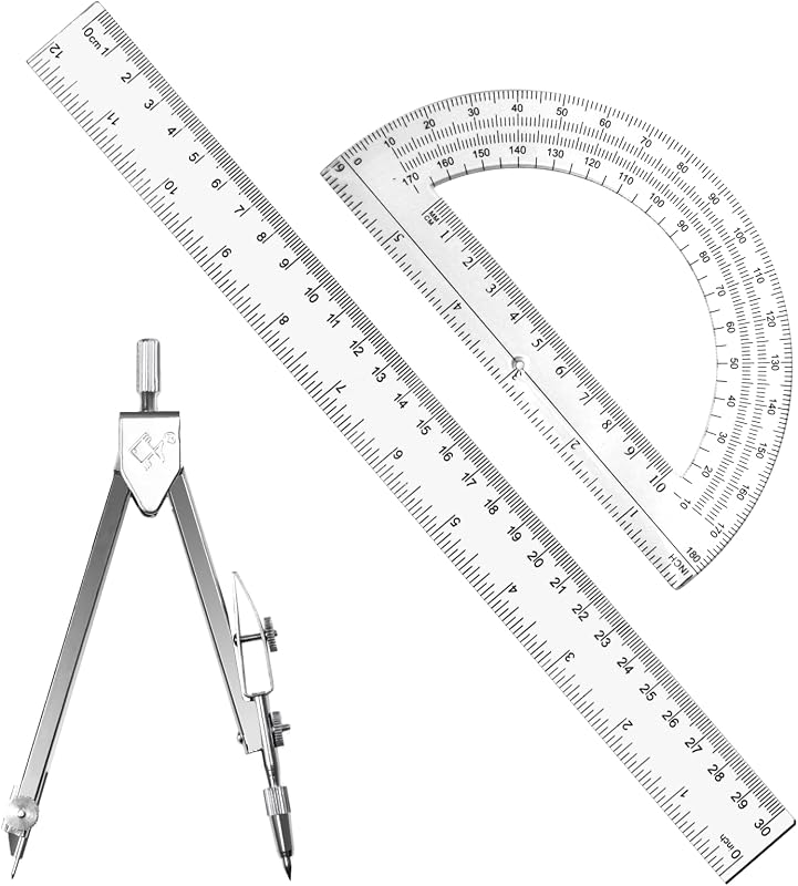 3 Packs Plastic 12 Inch Ruler,6 Inch Clear Protractor and Compasses Set Student Geometry Math Set for Classroom Set Angle Detector School Supplies Classroom Ruler Home Office Drawings