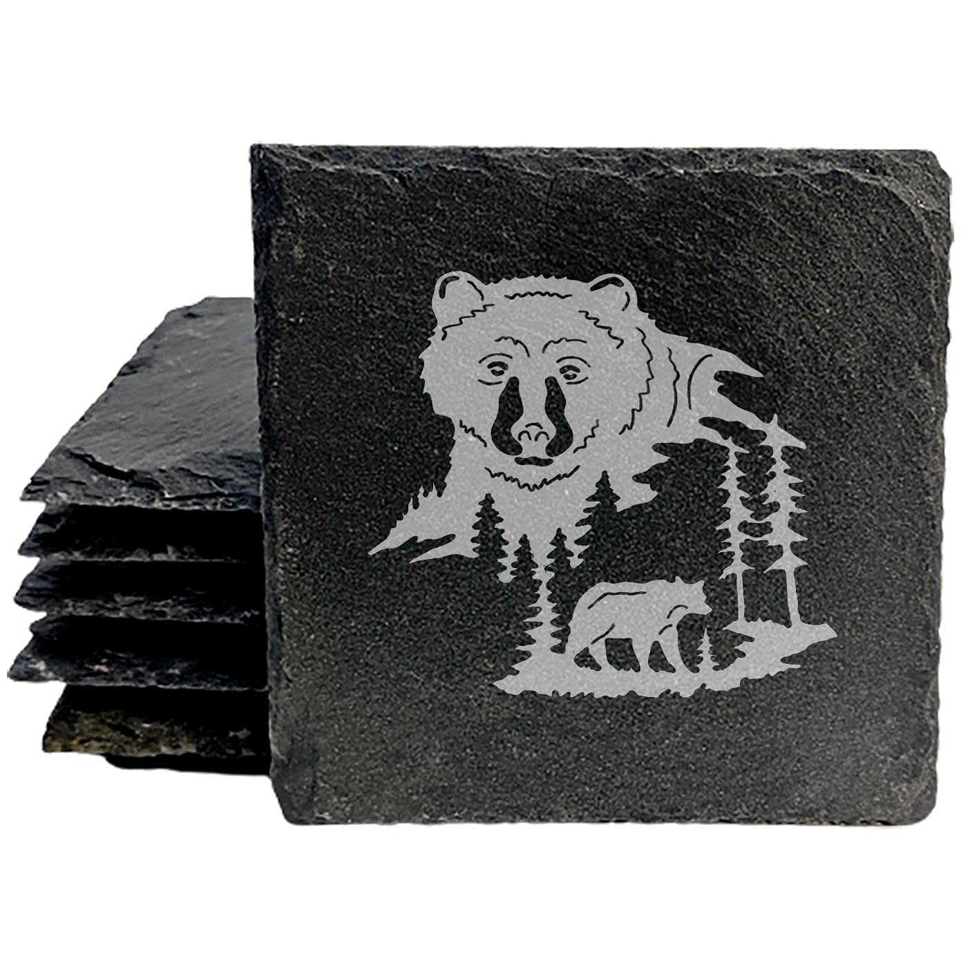 Heavenly Bear Slate Coasters - Laser-Etched Mountain Scene, 8-pack