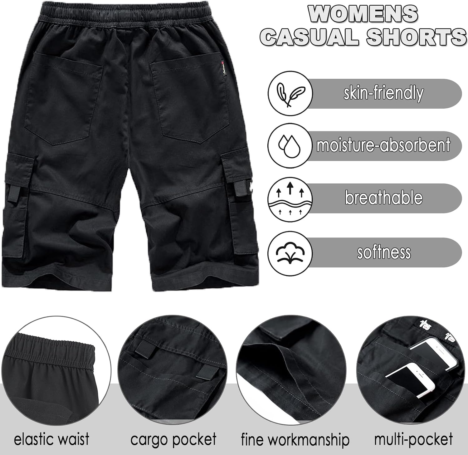 XinYangNi Men's Cargo Shorts Elastic Waist Relaxed Fit Cotton Casual Outdoor Lightweight Work Shorts Multi-Pockets
