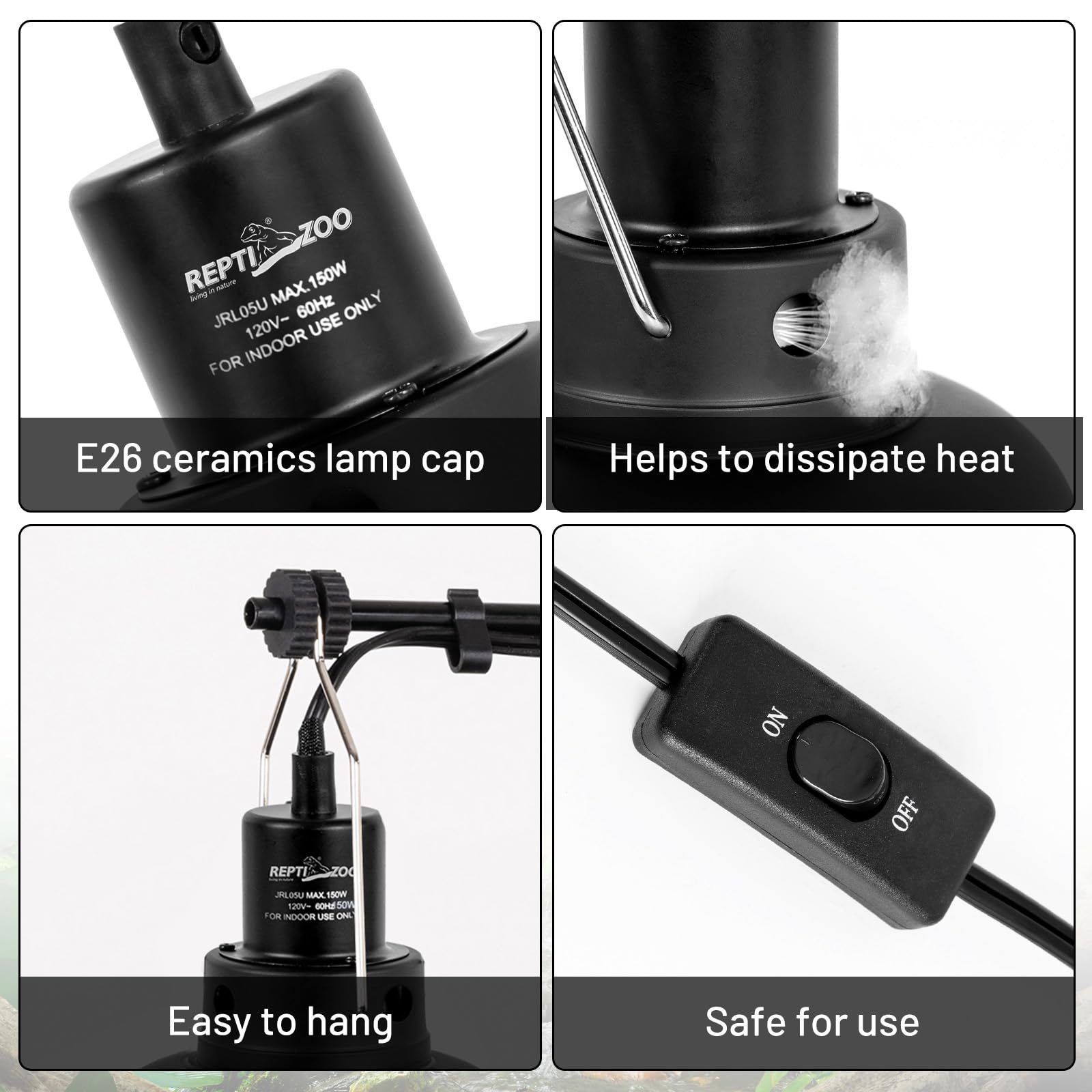 REPTI ZOO Reptile Light Fixture 2 Pack, 8.5inch Deep Dome Reptile Heat Lamp with Separate Switch and Hook, Basking Light Fixture for Bearded Dragon Snake Lizard, Suitable for E26 Bulbs Up to 150W - image 2