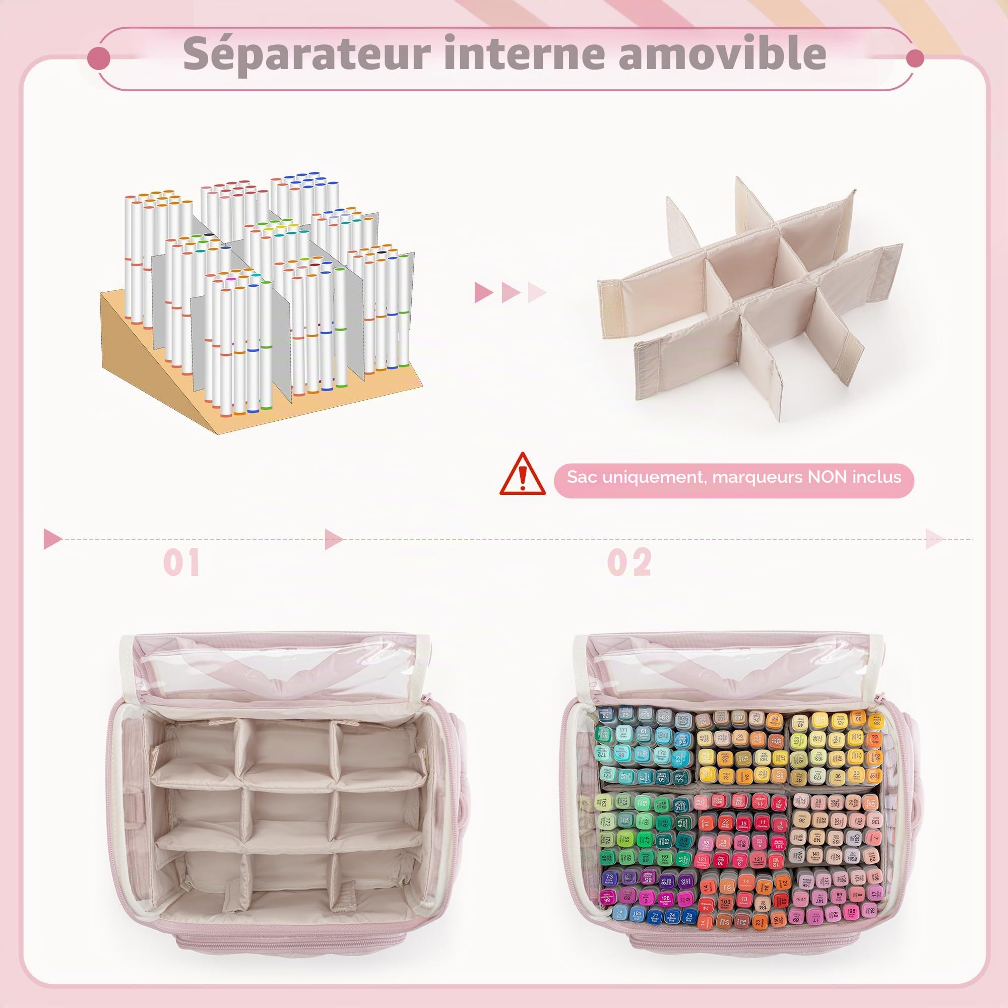 Rexmica Grand Sac de Rangement pour 210 Marqueurs à Dessin, Étui de Rangement Rembourré avec Bandoulière pour Feutre à Alcool pour Adultes, Artistes, Enseignants et Passionnés de Coloriage, Rose
