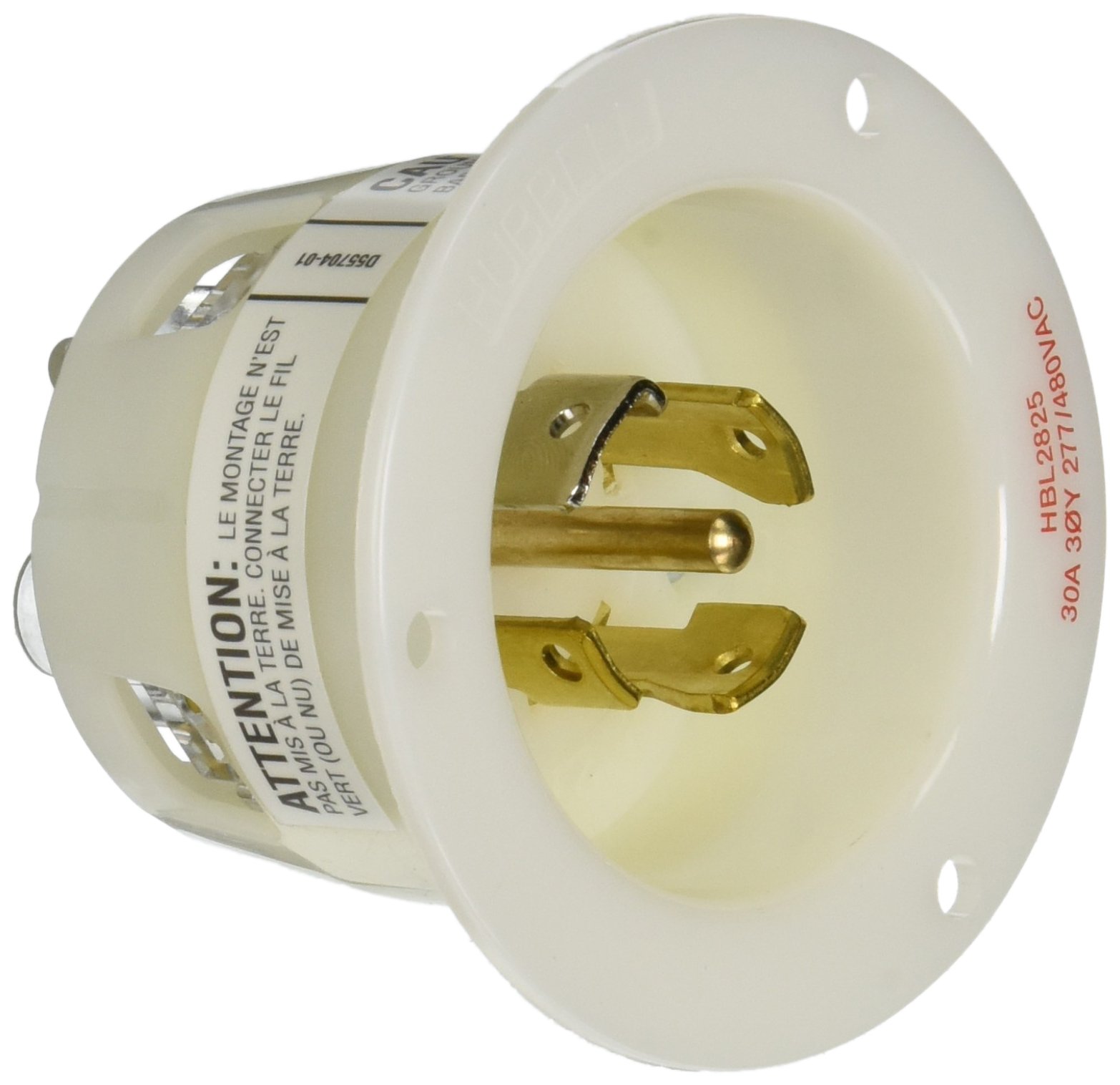 Locking Devices, Twist-Lock, Industrial, Flanged Inlet, 30A 3-Phase Wye 277/480V AC, 4-Pole 5-Wire Grounding, L22-30P, Screw Terminal, White