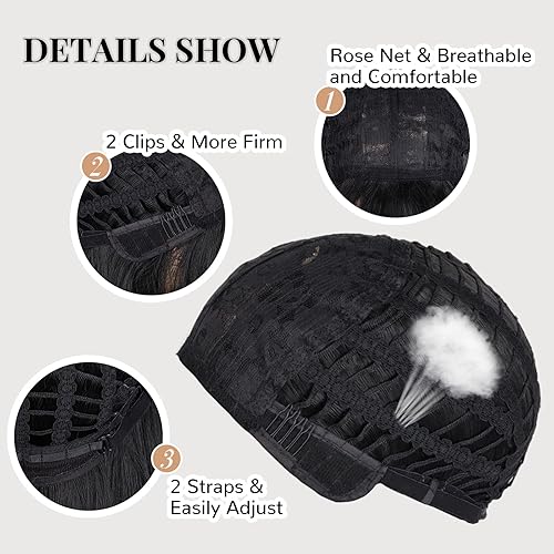 Miniatura 5 de MERISIHAIR Peluca larga negra con flequillo, pelucas de cabello ondulado negro de 27 pulgadas para mujer, peluca sintética negra larga rizada para