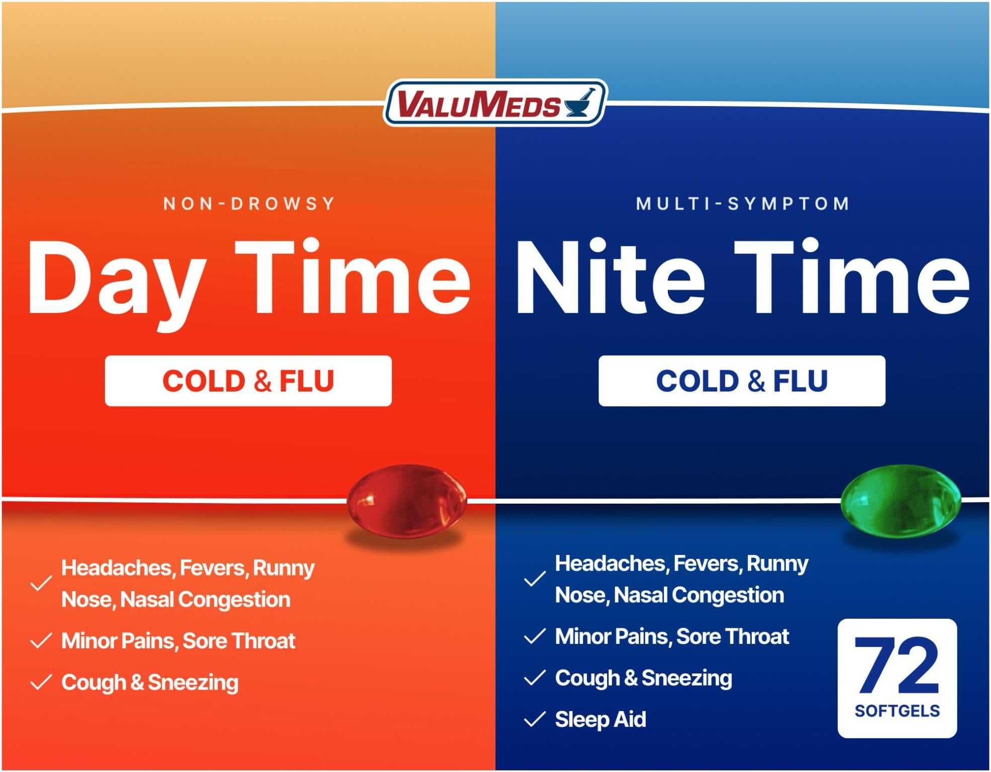ValuMeds Cold & Flu Multi-Symptom Relief for Congestion, Headache, Sore Throat, Aches and Pains, Fever | Acetaminophen (Daytime & Nighttime, 72 Count)