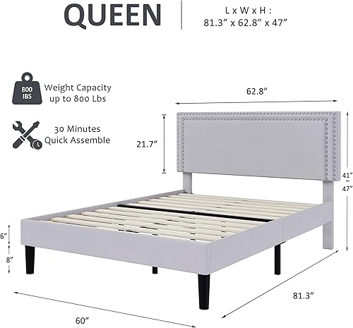 Miniatura 215 de VECELO Base de cama de tamaño matrimonial con cabecera tapizada ajustable, plataforma de listones de madera, diseño sin ruido, fácil montaje Negro