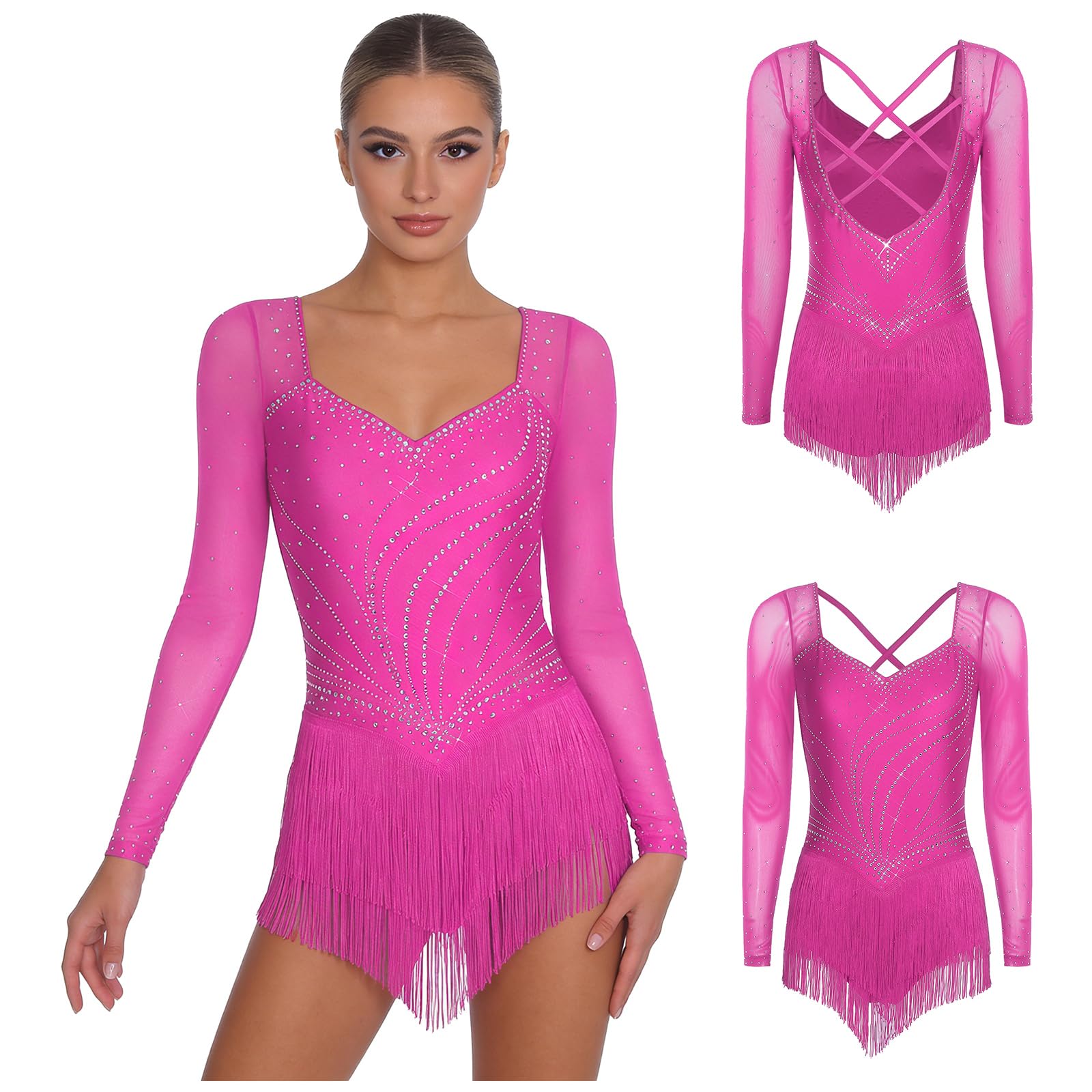 Vestido de Baile Salsa con Flecos Manga Larga Pedrería Brillante Latino Profesional Rumba Vals
