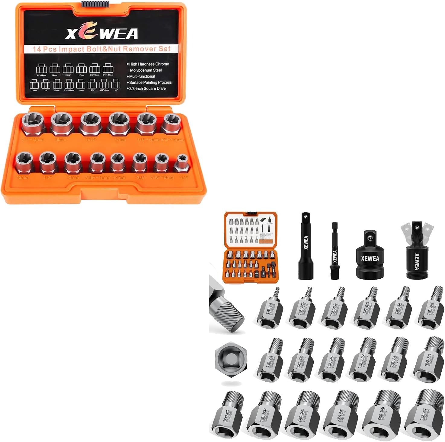 XEWEA 36PCS Screw &Bolt Extractor and Remover Set, 3/8" Drive Multi-Spline & Spiral Bolt Extractor Kit with Adapters, Extension Bar & Universal Joint – CR-MO Steel, Removes Damaged, Rusted or Strippe