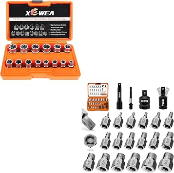 XEWEA 36PCS Screw &Bolt Extractor and Remover Set, 3/8" Drive Multi-Spline & Spiral Bolt Extractor Kit with Adapters, Extension Bar & Universal Joint CR-MO Steel, Removes Damaged, Rusted or Strippe