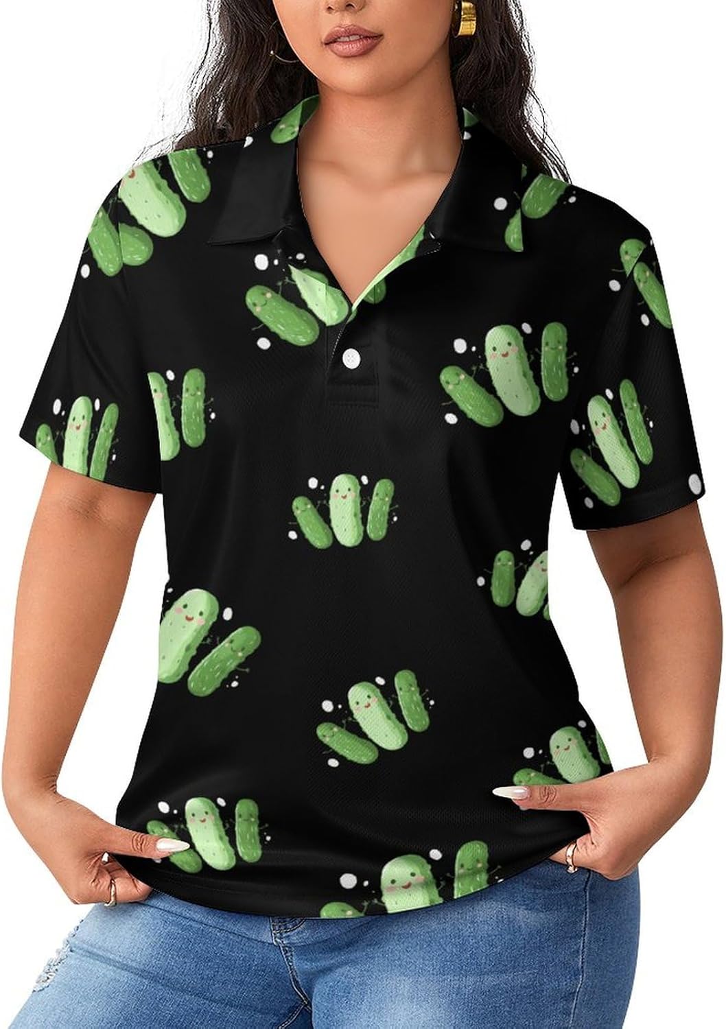 Cute Cucumber Pickle Novelty Women's Short Sleeve Shirts Golf Tennis Sports Tops Straight Blouses
