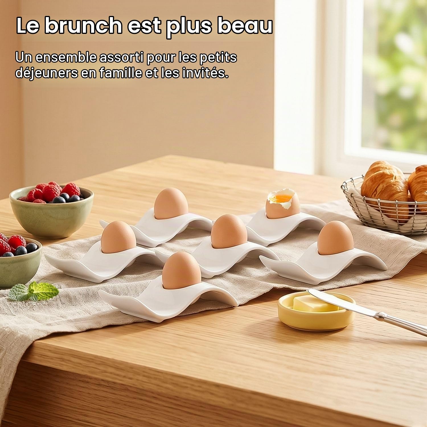Flexzion Coquetiers pour œufs à la coque - Lot de 6 en céramique - Coquetiers empilables avec socle pour service, petit-déjeuner, brunch - Décor de table, Vagues