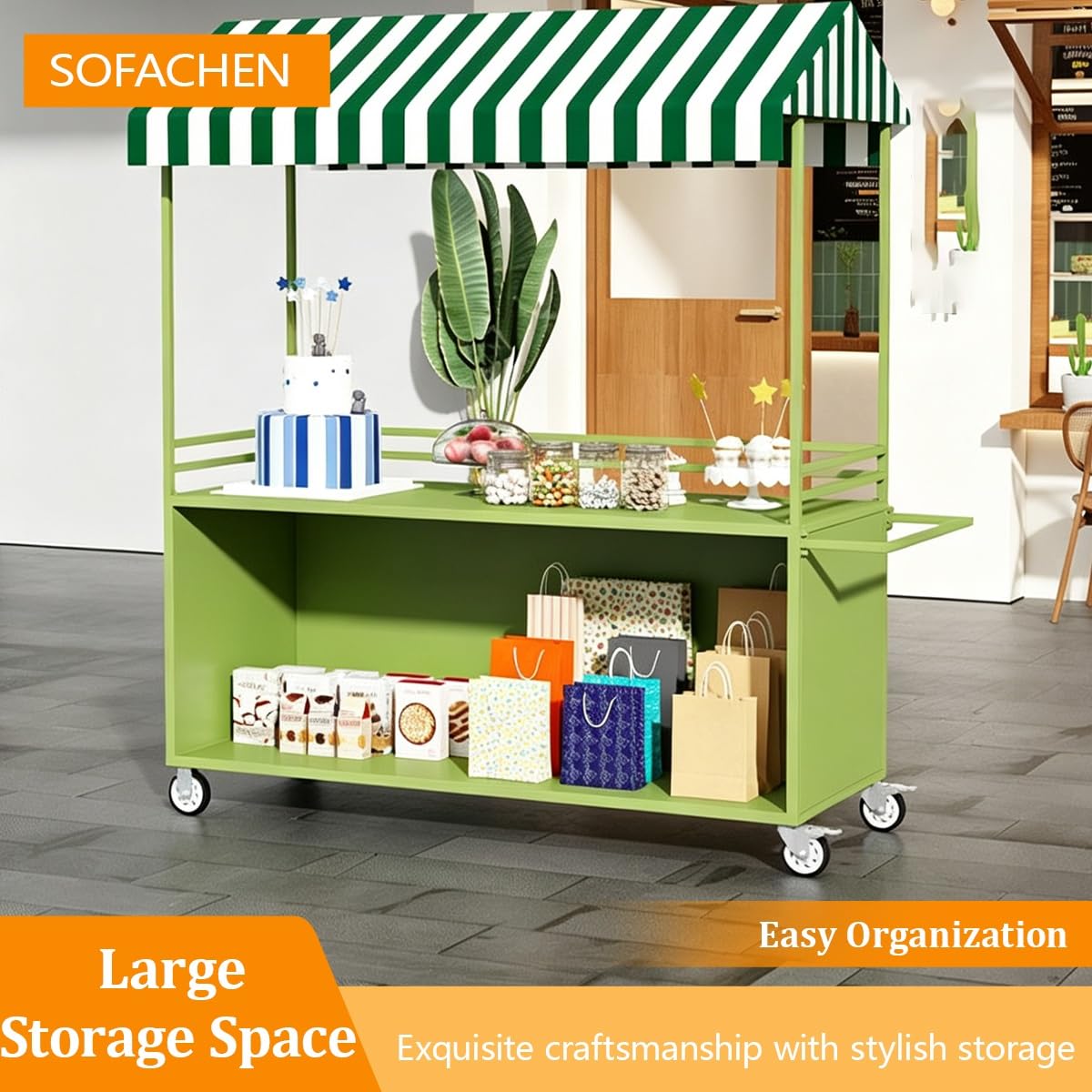 Carrito Ambulante para Comida con Toldo y Ruedas Giratorias, Puesto Móvil | Carro Comercial Puesto de Venta con Ruedas y Amplia Superficie de Trabajo para Mercados y Eventos(Orange,100cm)