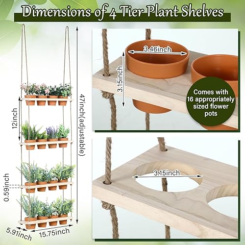 Miniatura 9 de FillTouch Macetas colgantes de 4 niveles para colgar en la pared de hierbas con 16 macetas de vivero de madera vertical para colgar en la ventana,