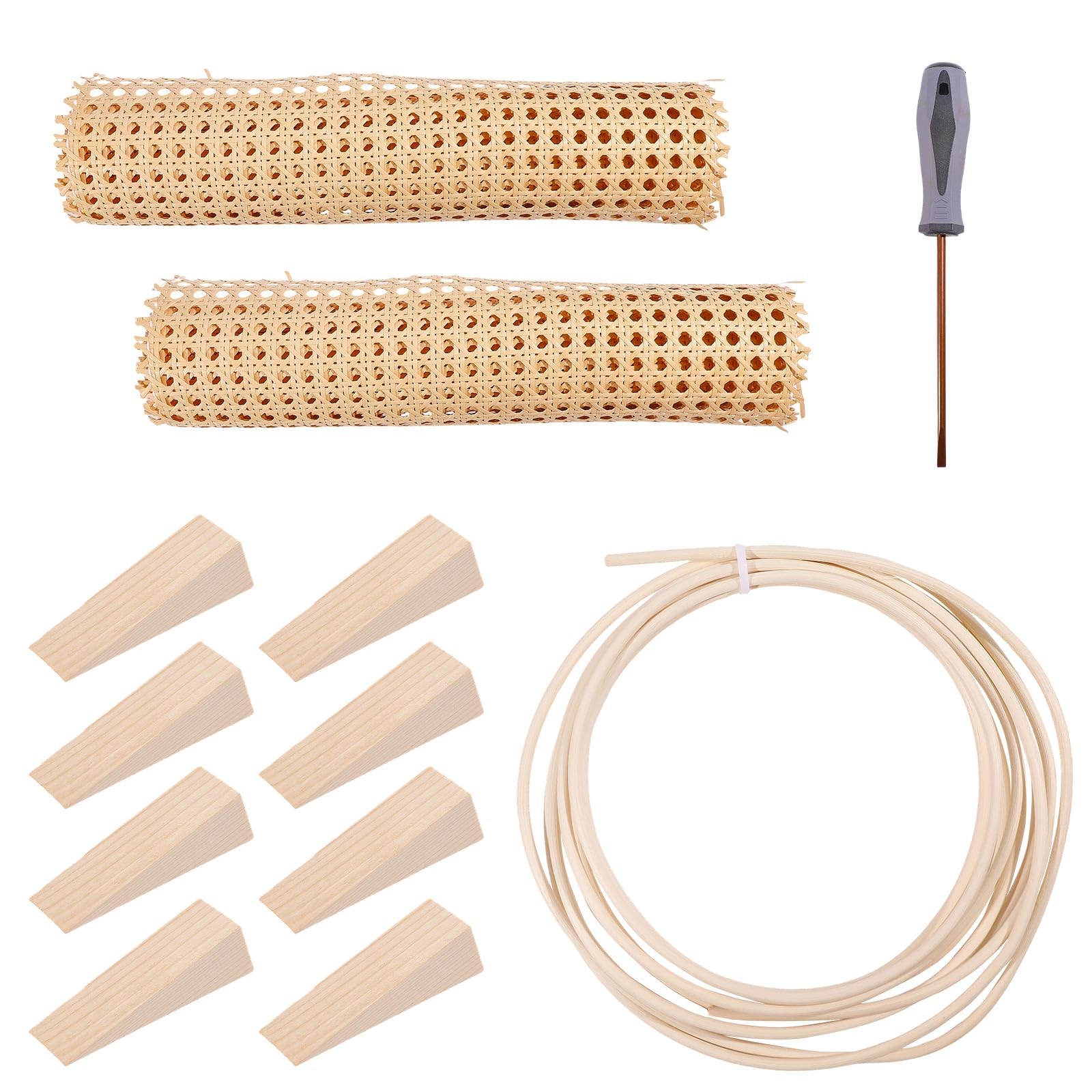 FREEBLOSS 11-teiliges Reparaturmaterial-Set aus natürlichem Rattan, inklusive 5 m langem Rattanrohr, 2 Rattan-Gurtbandrollen, 8 Holzkeile für Möbel, Heimwerkerbedarf