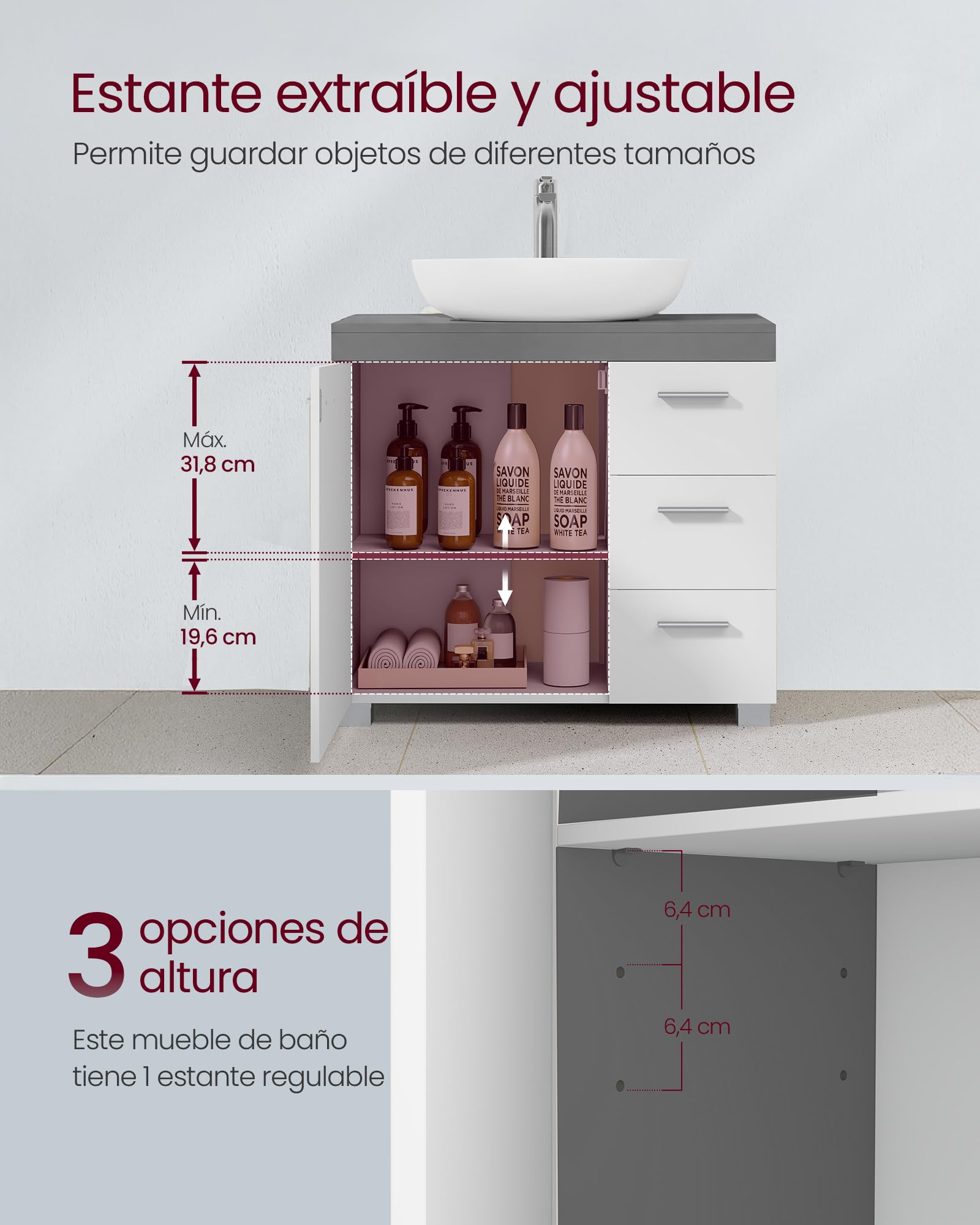 VASAGLE Mueble Bajo Lavabo, Armario de Baño, 3 Cajones, 2 Compartimentos Detrás de la Puerta, con Pies, 30 x 70 x 64 cm, Gris Cemento y Blanco Nube BBK503T49