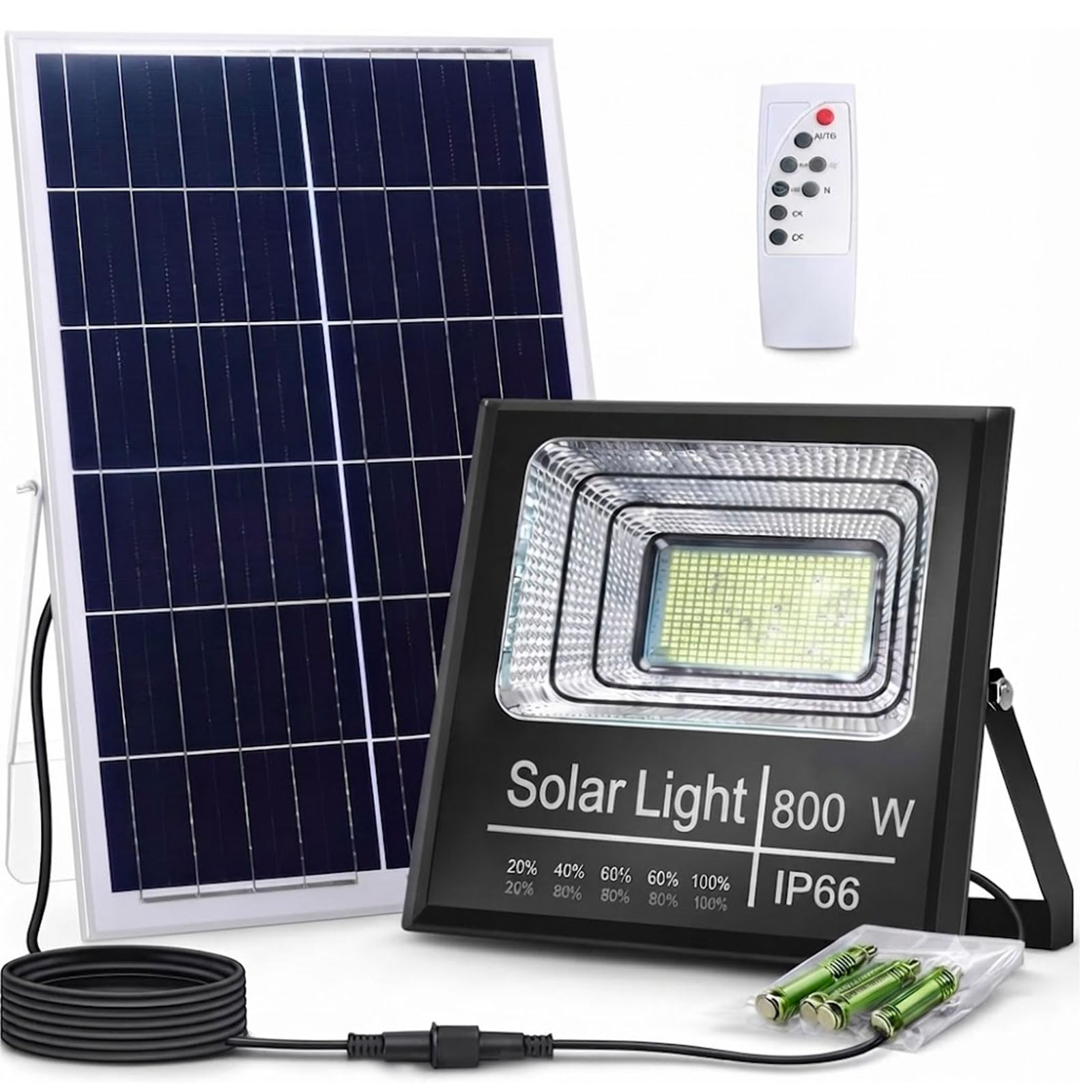 Faro Solare LED 800W con Pannello Solare, Luce Esterno 6500K Ultra Potente, Sensore Crepuscolare Automatico, Telecomando, IP66 Impermeabile, Faretto da Esterno per Giardino, Cortile, Strada