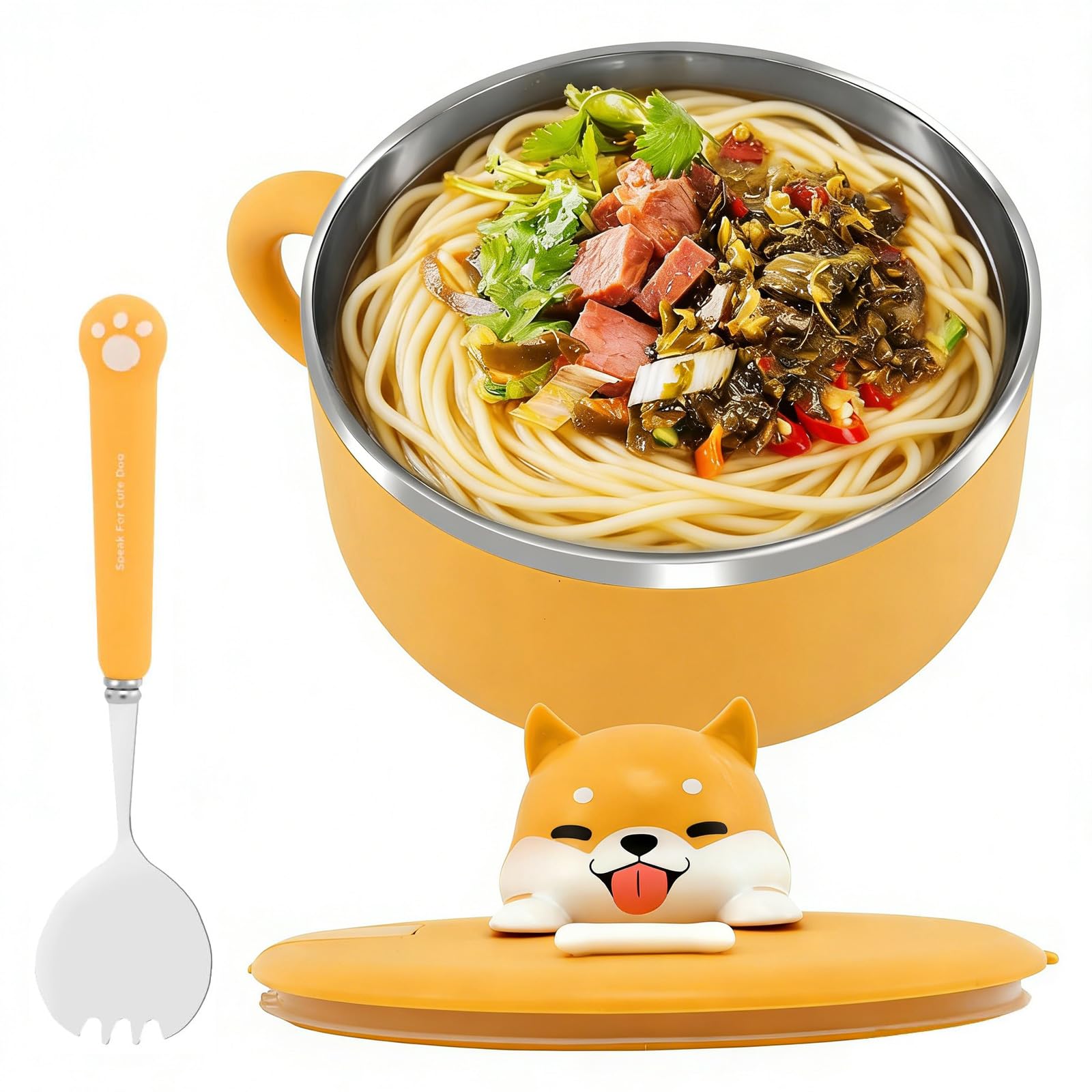 wiksite Ramen Bowls Stainless Steel Noodle Bowl with Lid and Spork - Dog-Shaped, Speedy Soup Bowl with Handles Portable Salad Bowls Heat Resistant Instant Serving Noodle Cooker Pasta Bowl - Yellow
