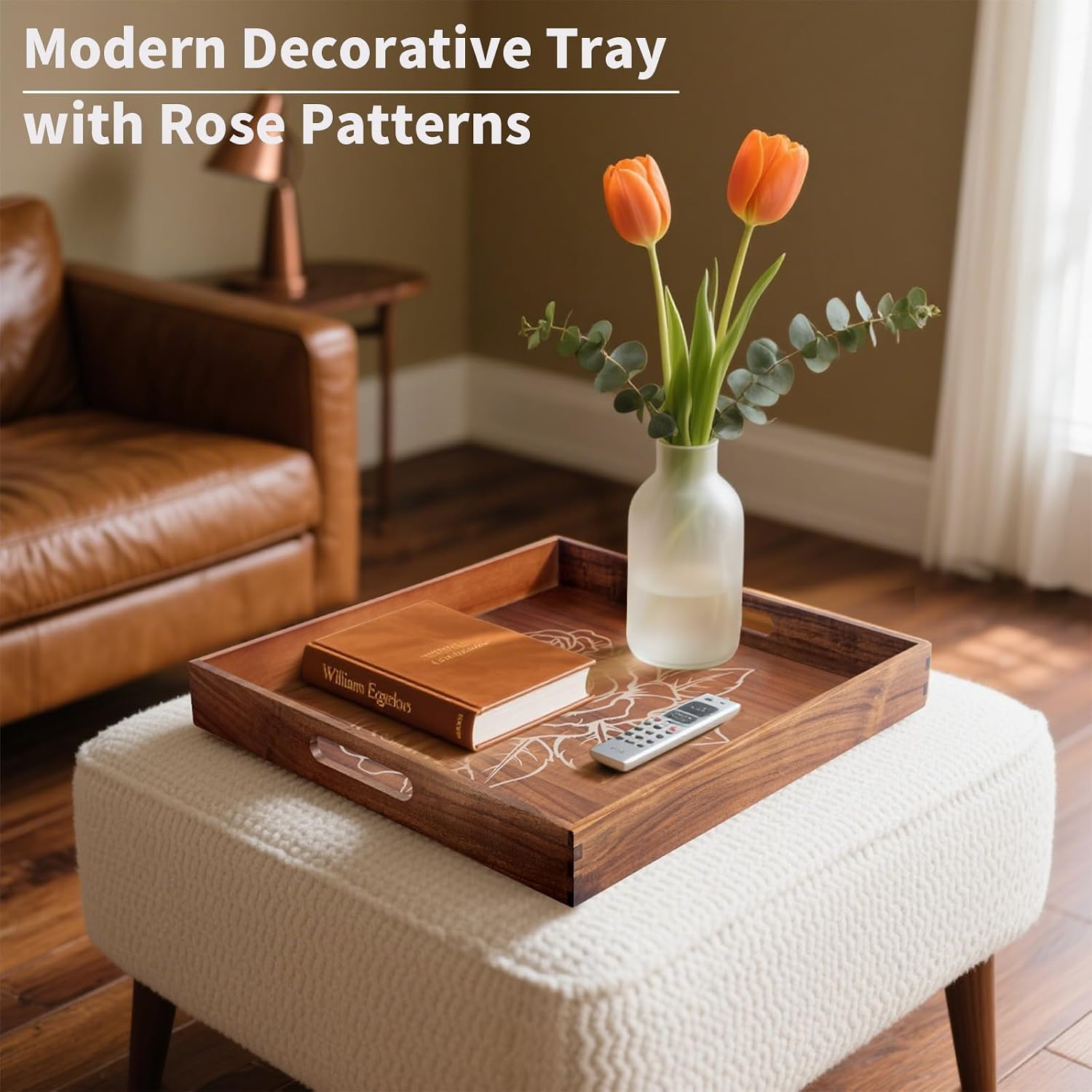 Ottoman Tray with Handles, 20 Inches Acacia Wood Serving Tray, Extra Large Tray for Ottoman Decorative Trays Serving for Living Room for Decorative, Coffee Table, Breakfast in Bed, Appetizers