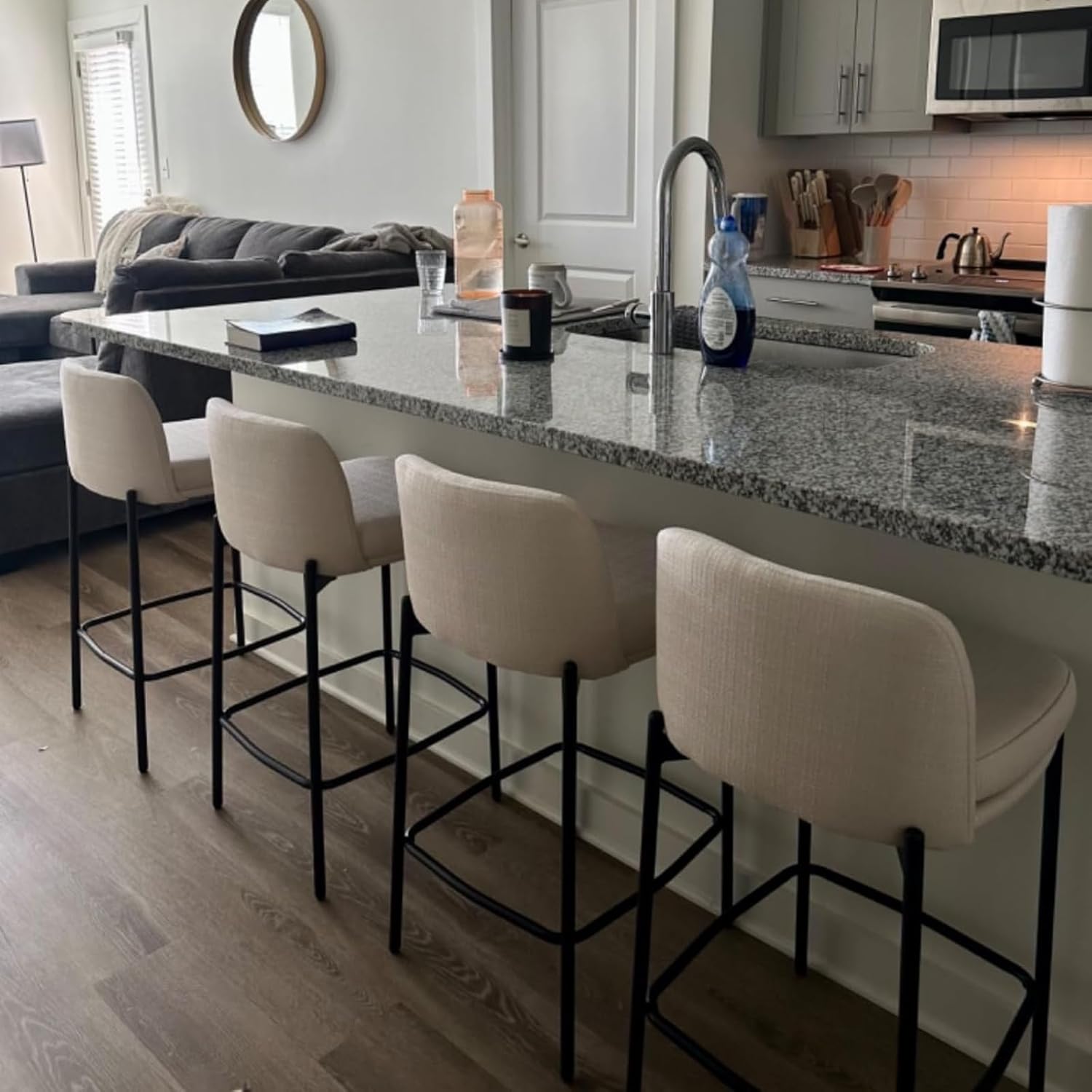 Modern 26" Counter Height Bar Stools Set of 2, Beige Linen Counter Stools with Curved Back, Upholstered Armless Bar Stools with Black Metal Frame, Kitchen Island Barstools for Dining Room