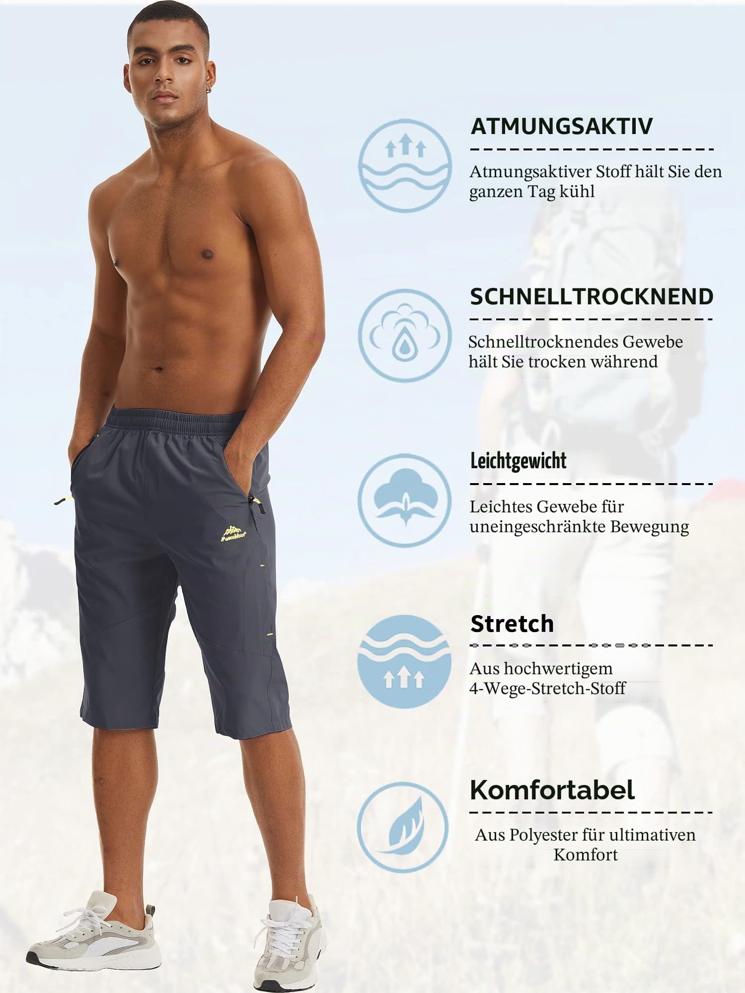 TACVASEN Herren Kurze Wanderhose 3/4 Hose Schnelltrocknende Sport Shorts mit Reißverschlusstasche