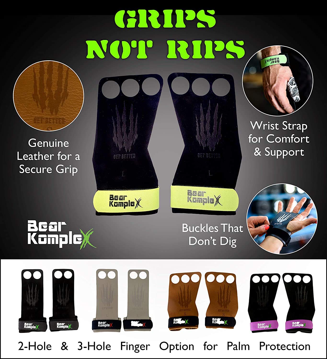 Bear KompleX 2 Hole Leather Hand Grips for Home Workouts Like Pullups