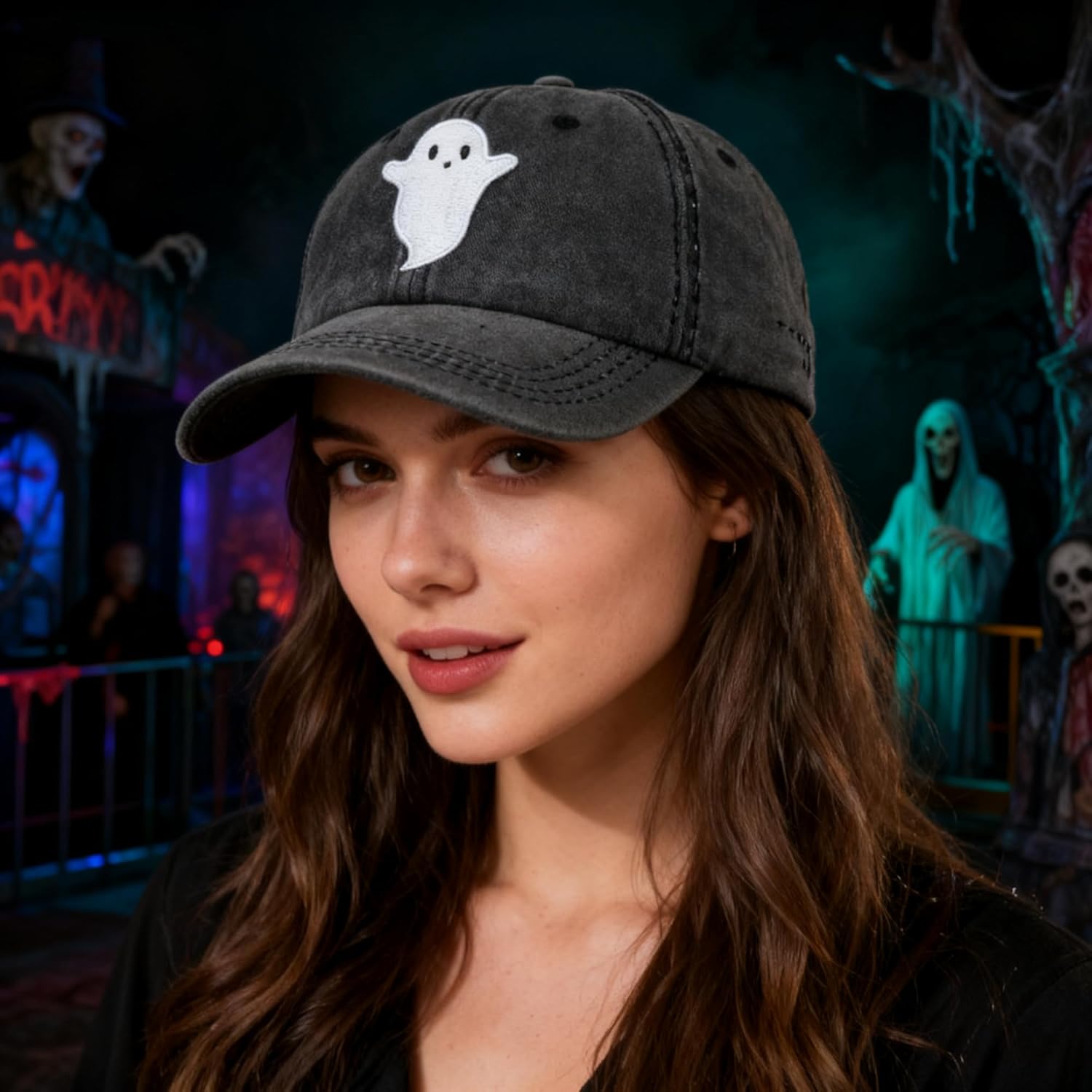 Ghost Hat for Men Women,Embroidered Halloween Spooky Adjustable Washed Baseball Caps Black - Image 4