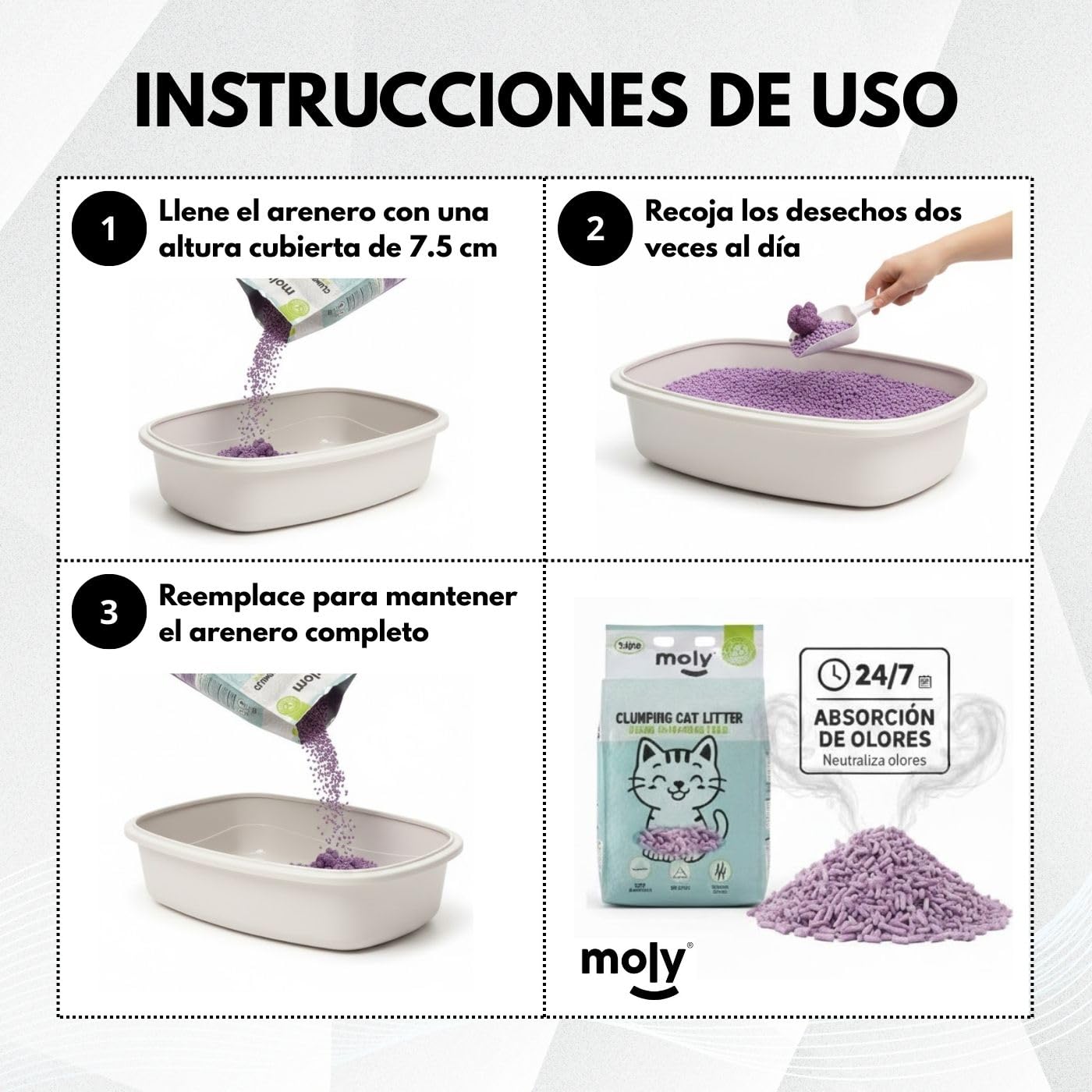 MOLY X6 Litière pour chats tofu et lavande 16,8 kg 22,2 l | Sable biodégradable et agglomérant haute absorption avec arôme de lavande et de talc | Contrôle total des odeurs | Sans poussière | Litière
