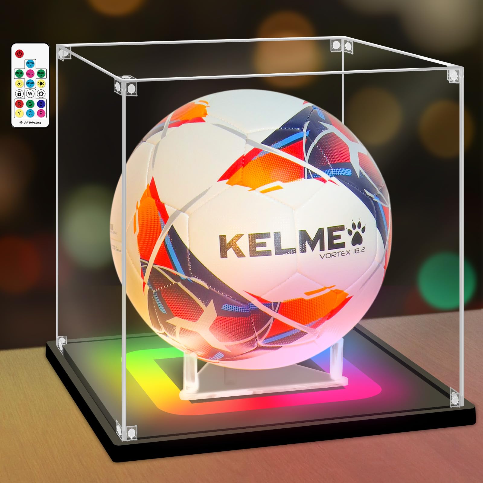 Nonemey Soccer Display Case with Colorful Light,Acrylic Football Box Full Size with Wood Base