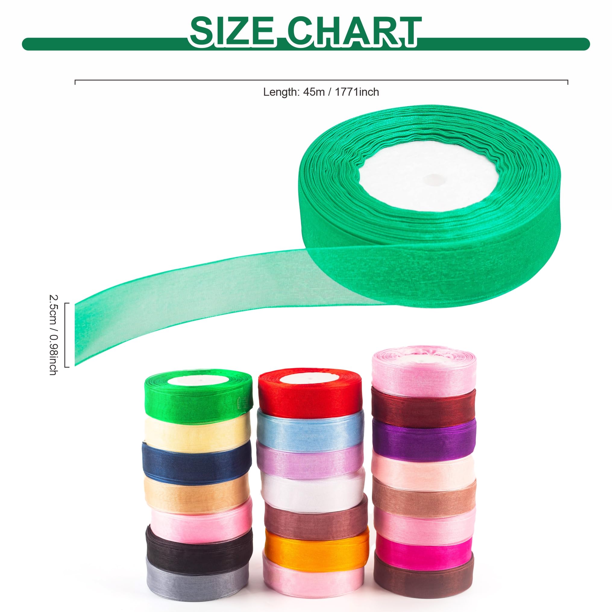 25mm Green Chiffon Ribbon for Gift Wrapping 45M,Organza Ribbon Thick for Gift Wrap Hair Bow Christmas Cake Wedding DIY Crafts Car Decoration - Image 3