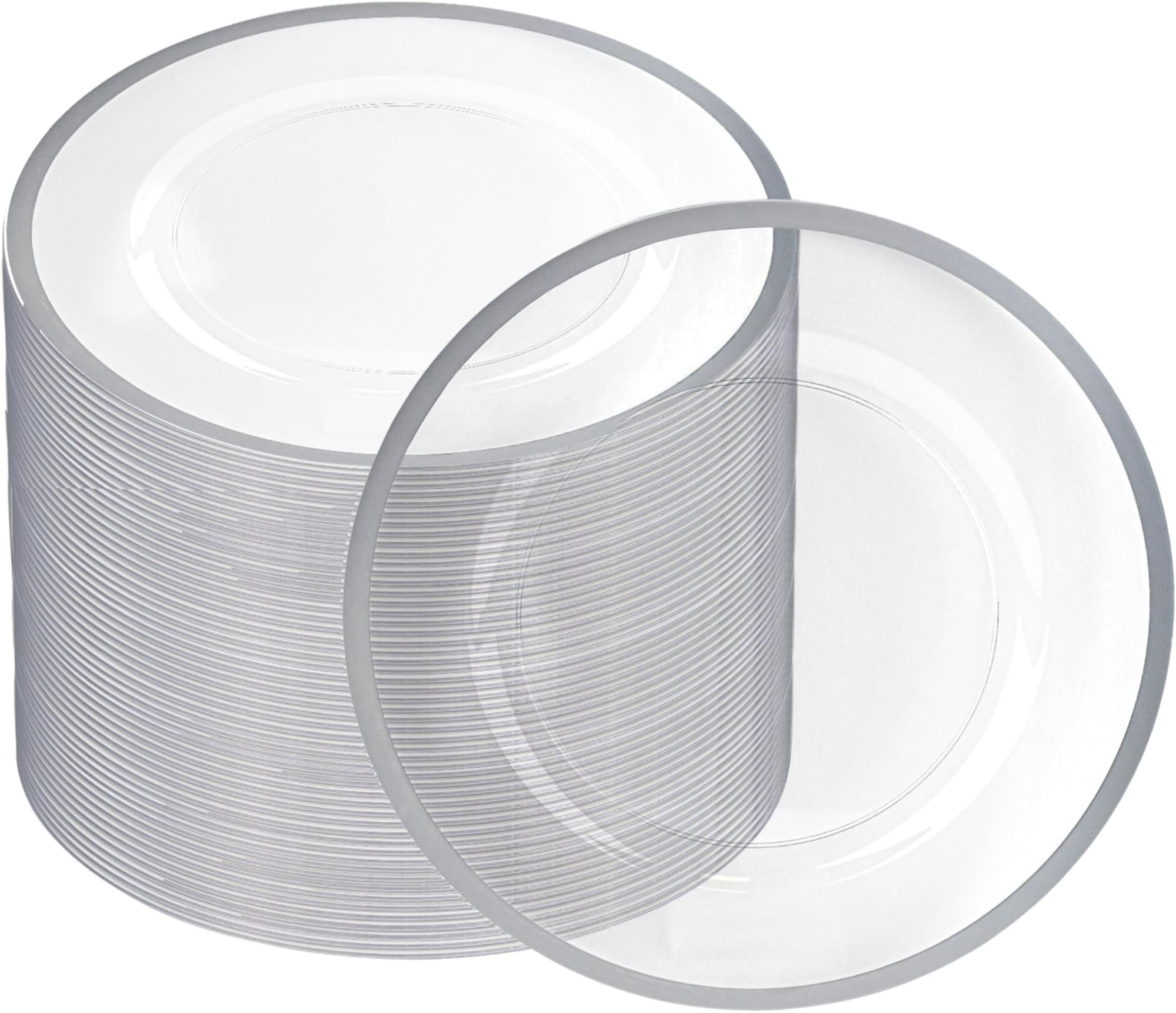 PARTY BARGAINS 13-Inch Charger Plates - 48 Pack, Clear Silver Rim, Heavy-Duty Disposable Chargers for Elegant Dining - Ideal for Weddings and Formal Events