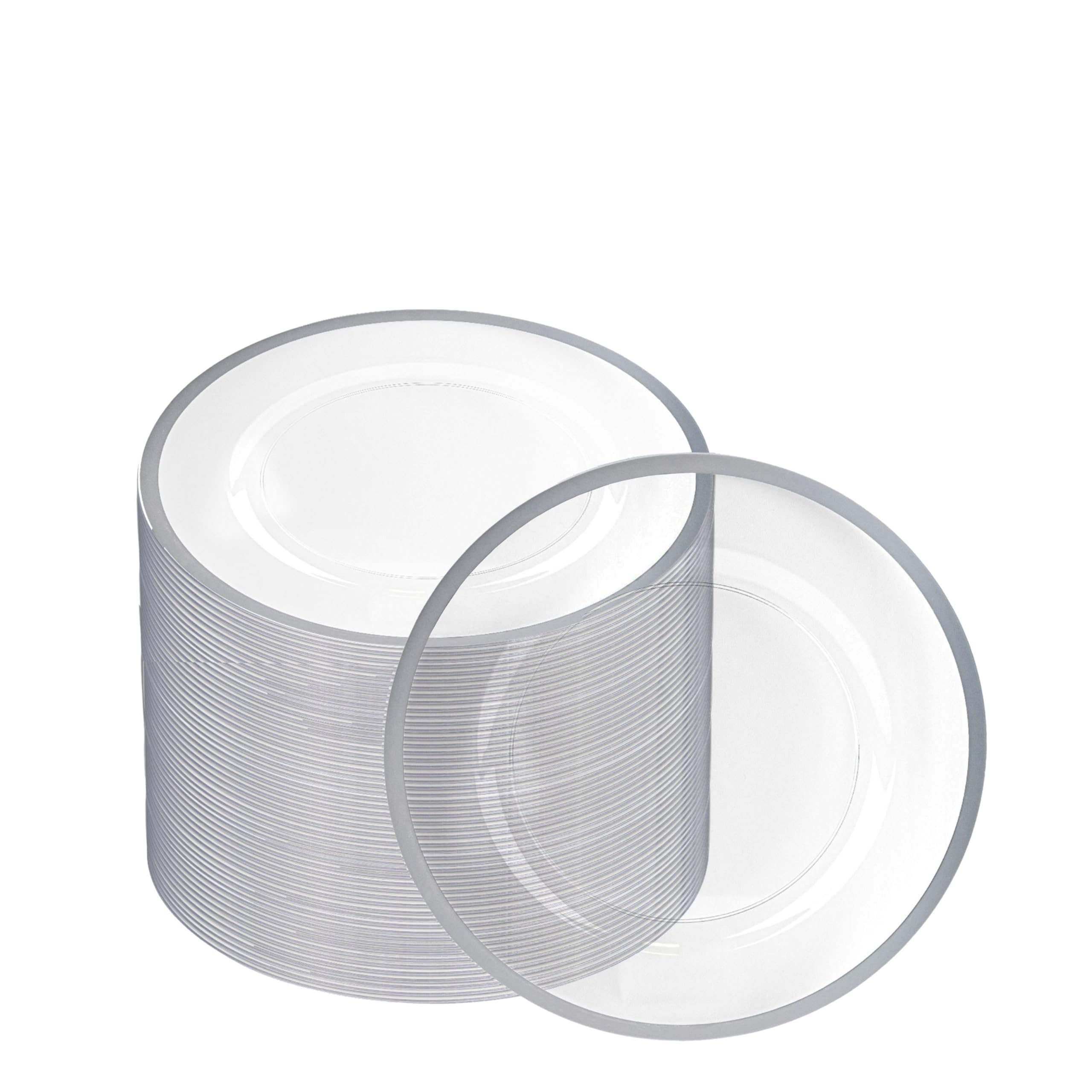 PARTY BARGAINS 13-Inch Charger Plates - 48 Pack, Clear Silver Rim, Heavy-Duty Disposable Chargers for Elegant Dining - Ideal for Weddings and Formal Events
