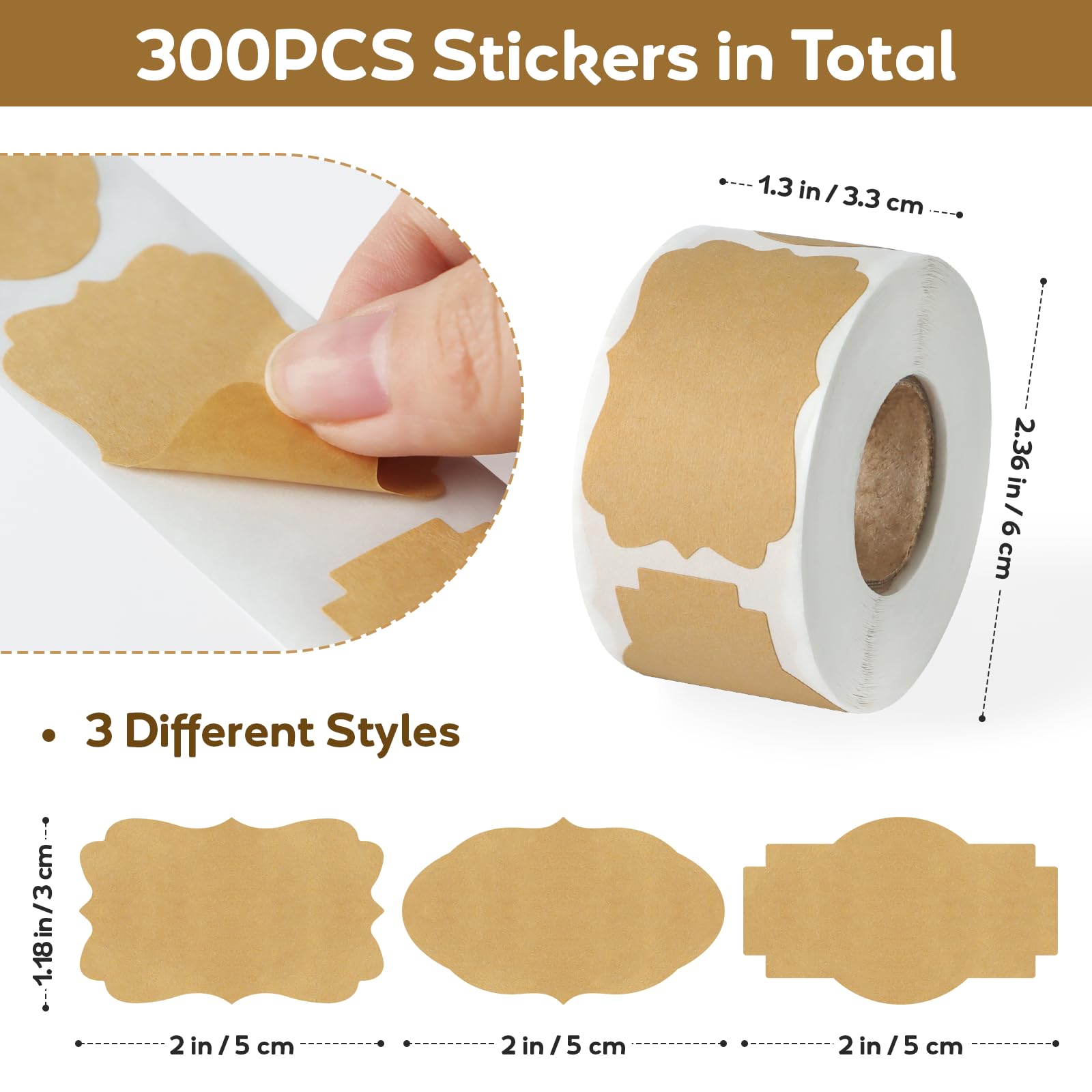 300 Stück Kraft-Etikettenaufkleber für Geschenke, 2 x 3,8 cm selbstklebende braune Etiketten, Allzweck-Etiketten für Gläser, Flaschen, Lebensmittel, Kosmetik, Geschenk, Namensschilder, Einmachgläser,