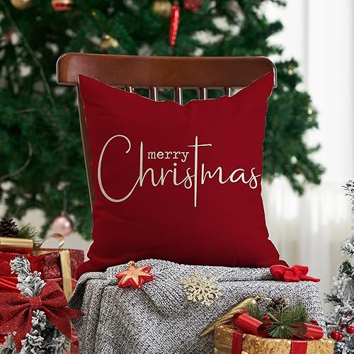 Miniatura 2 de Fundas de almohada navideñas con texto en inglés Merry Christmas, decorativas, de tela de algodón, color rojo, de lino, funda de almohada para sofá,