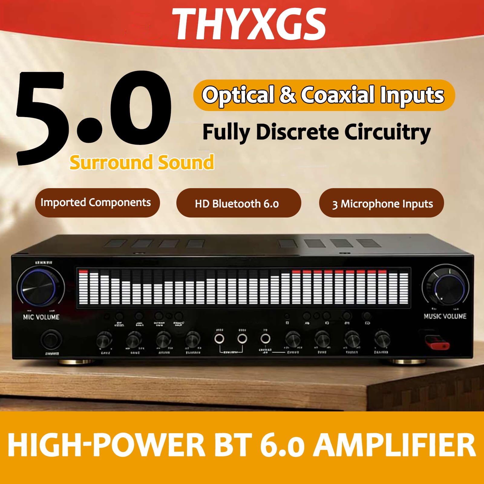 Amplificador De Audio Estéreo, Amplificador Bluetooth 6.0 para El Hogar, Receptor De 5 Canales, 3 Entradas De Micrófono, con Dsp, Entradas USB/aux/óptica/coaxial, Mando A Distancia