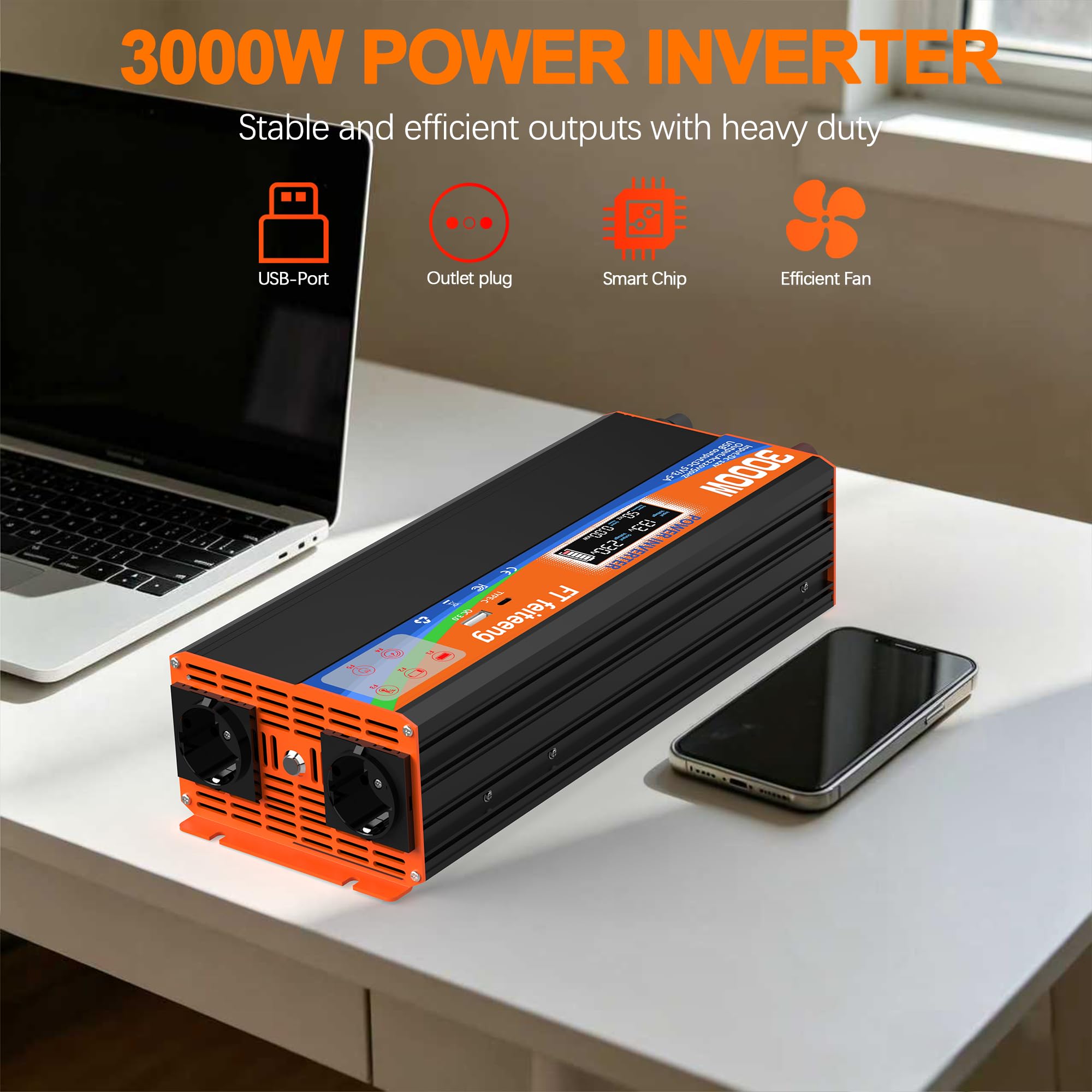 3000W Wechselrichter 12V auf 230V Spannungswandler mit 2 Europäische Steckdose und USB-C-Anschluss und QC 3.0-Hafen LCD Spannungsanzeige，Für Wohnmobil Haushaltsgeräten