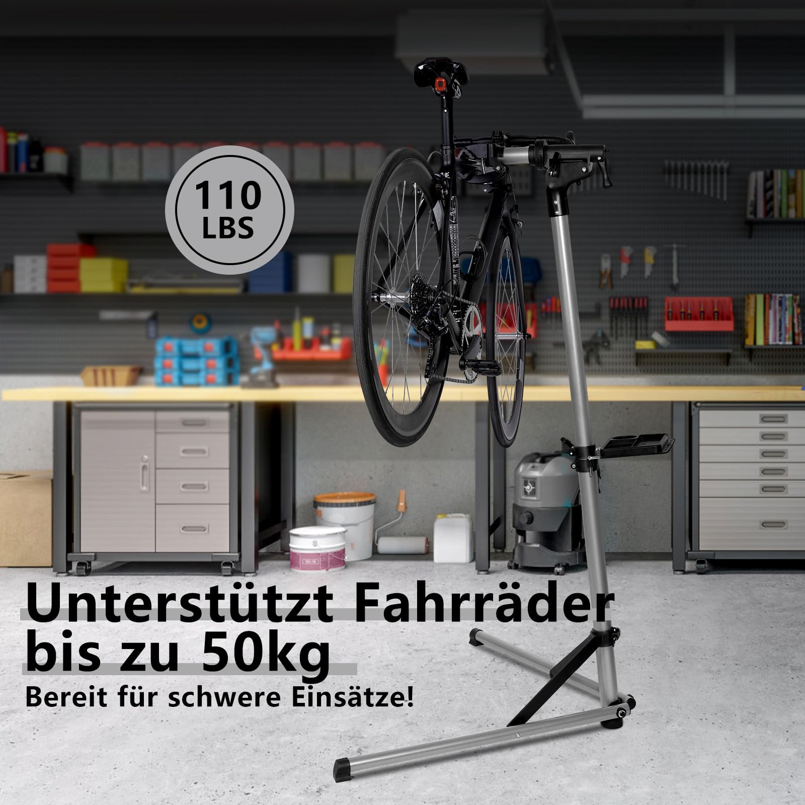 Urban Deco Fahrrad Montageständer Stabiler Reparaturständer aus Aluminiumlegierung, 50kg Kapazität, Höhenverstellbar bis 160cm, 360° Drehbare Halterung (Silver)