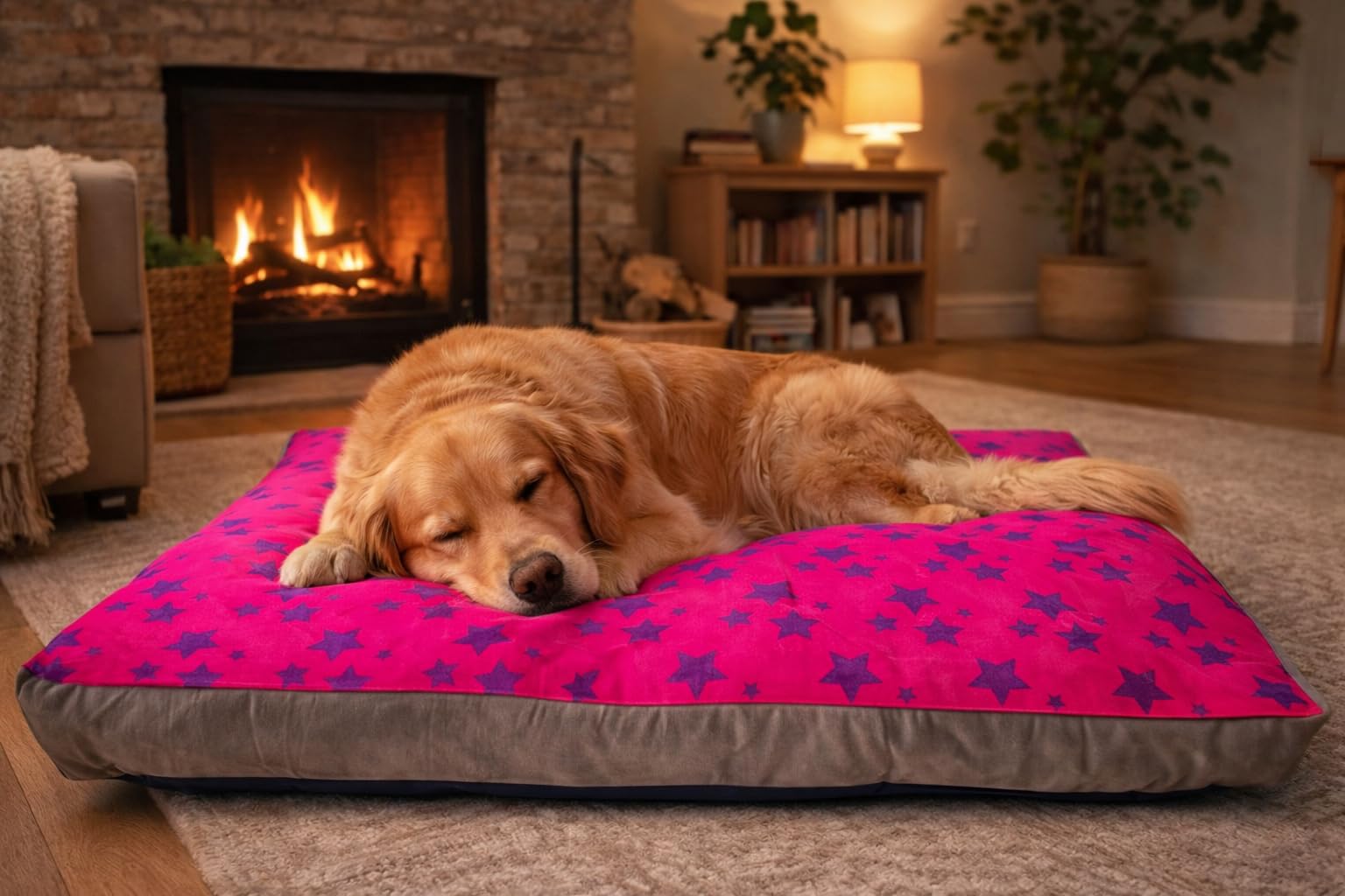 Hometex Luxury Dog Bed Box Pillow, Washable Cover - Stars Pink (Large)