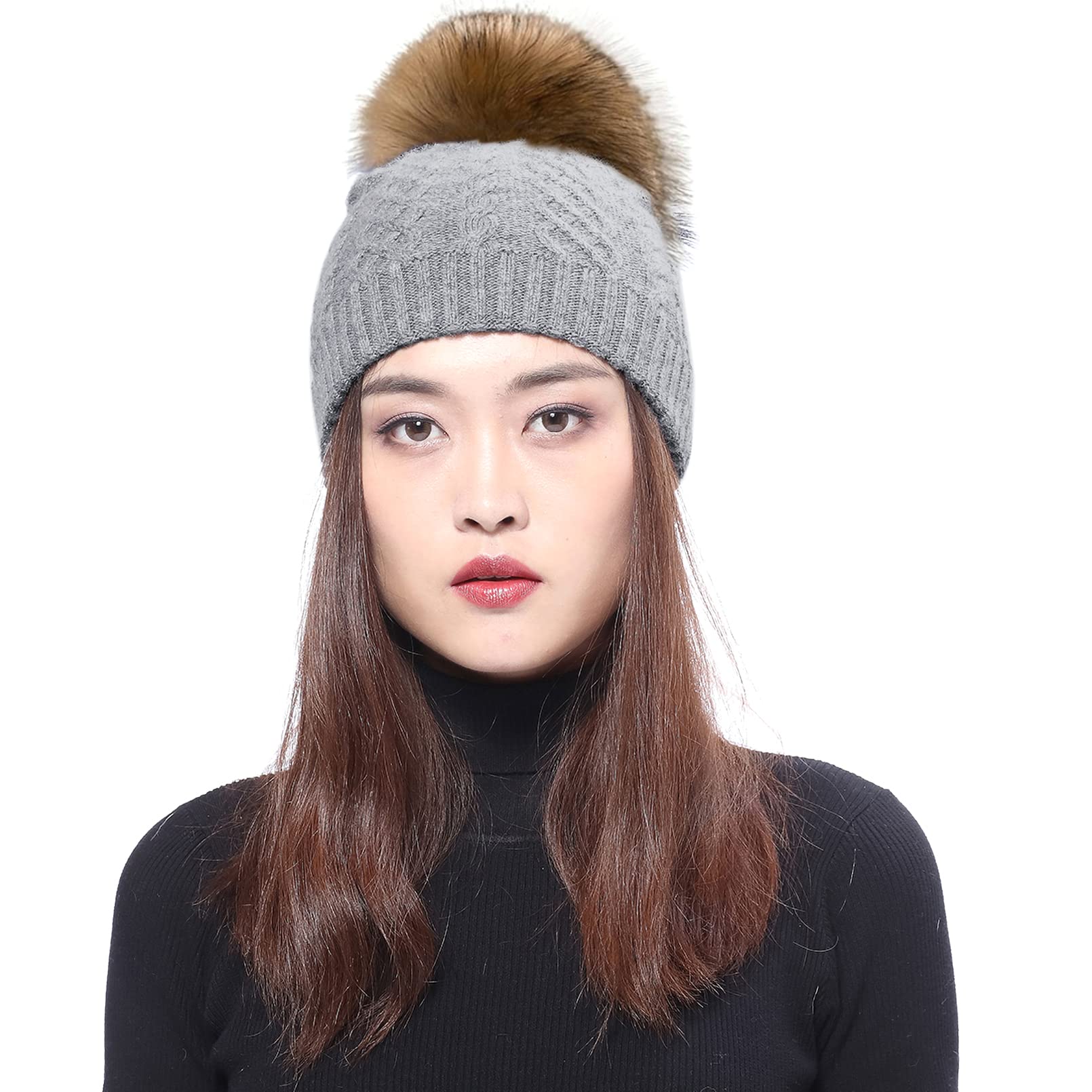 BeFur Bonnet tricoté pour femme d'hiver doux et élastique avec pompon renard