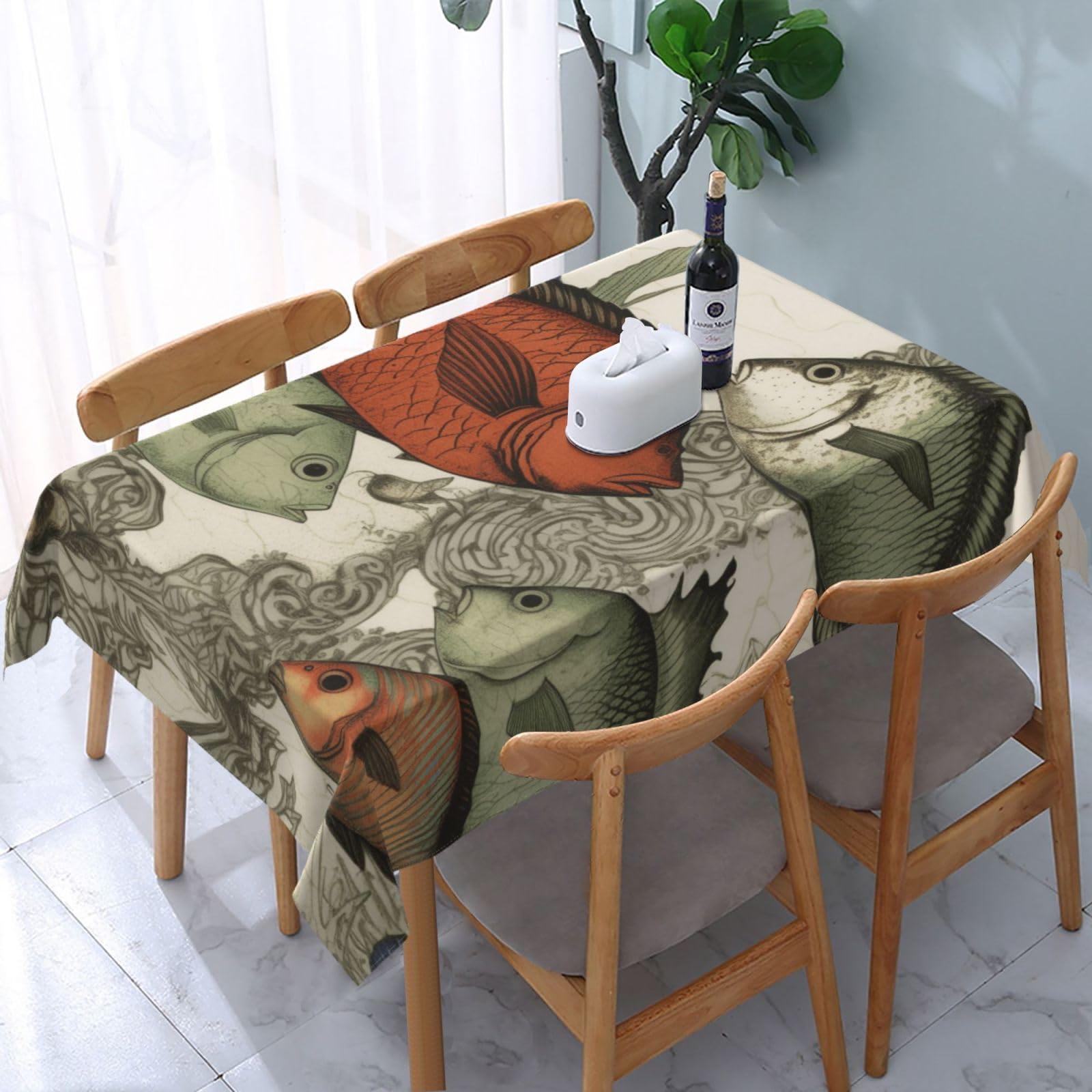 WPKJU Fish Printed Tablecloth Water Resistant Table Cover Washable Rectangle Table Cloth for Tables 54x72 in
