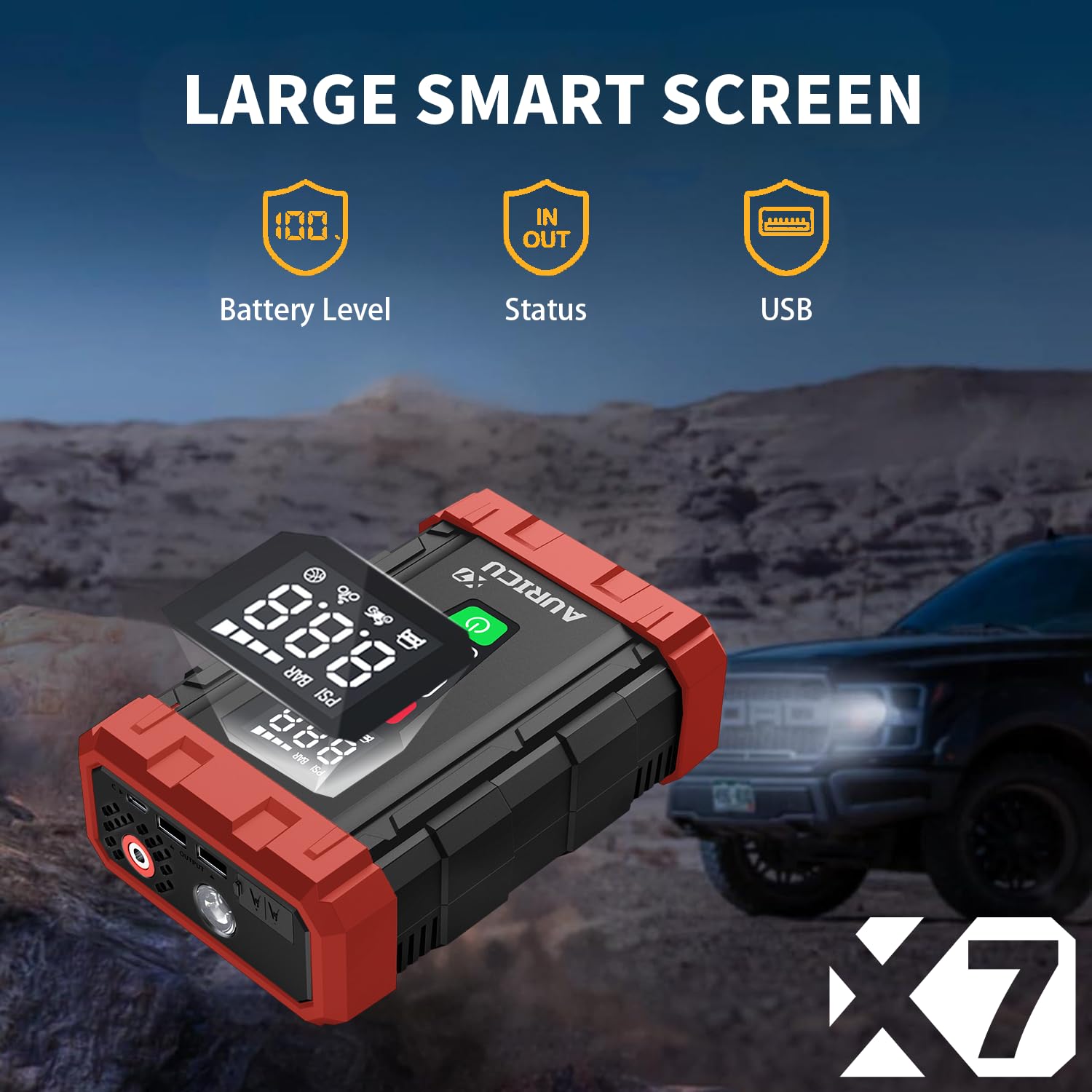 X7 1750A Jump Starter 150 PSI Compresor de aire 12V batería de litio paquete de refuerzo, caja de salto portátil, banco de energía y cables de puente para motores de gas máximo 7.0L y motor