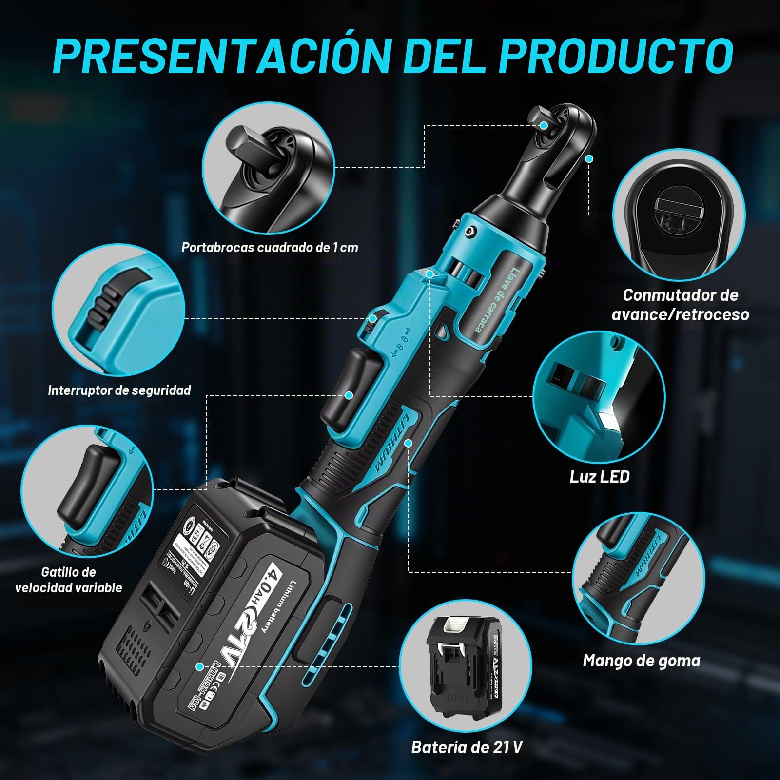 Llave de Carraca Compatible con Makita 18V, 3/8" Llave de Trinquete Inalámbrica, 2 × 4000 mAh Baterías, 320 RPM, Juego de Llaves de Carraca Inalámbricas con Carga Rápida y 9 Llaves de Vaso