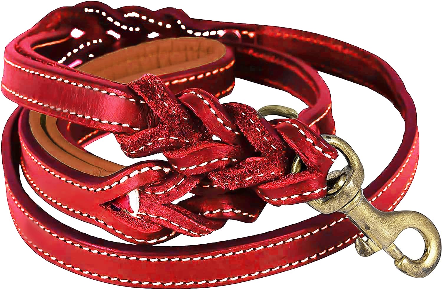 DowgClub Leather Dog Leash - 6ft x ¾ Inch, Dual Handle with Soft Padded Grip, Hand-Braided Full Grain Leather with Traffic Handle for Medium to XL