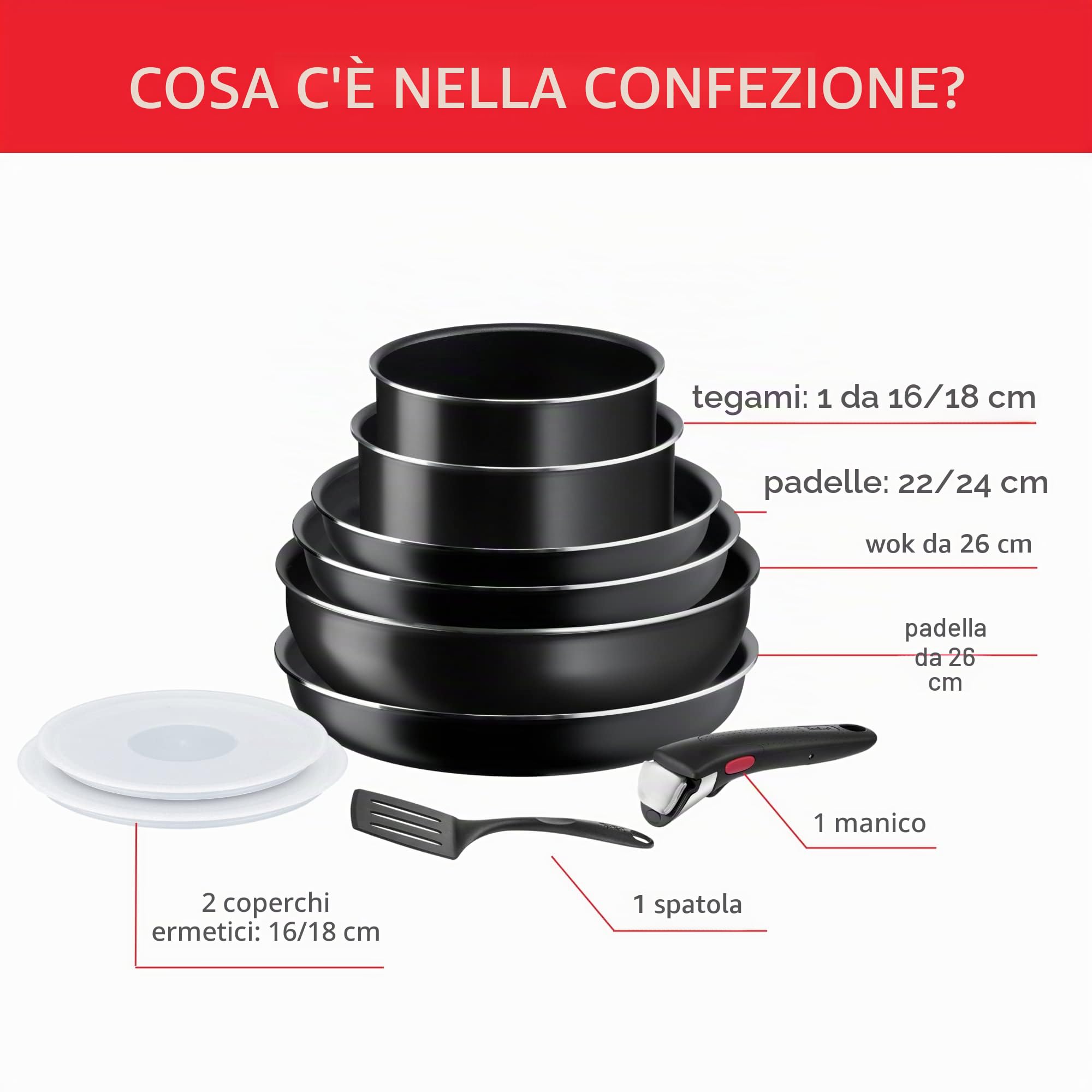 Tefal Ingenio - Set di pentole da cucina, 10 pezzi, padelle, wok, coperchi, maniglia, non induzione, rivestimento antiaderente, impilabile, lavabile in lavastoviglie, made in Francia, Easy On L1599802 | Set di padelle e padelle con manico rimovibile breve