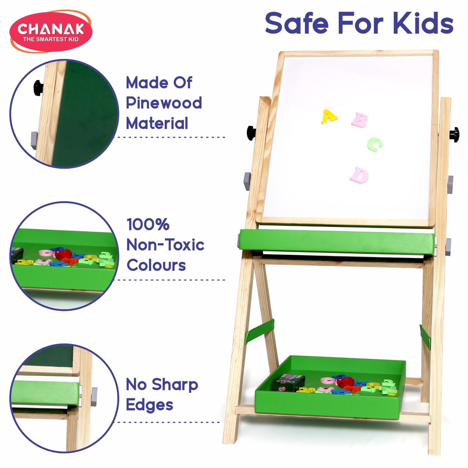 Aditi Toys 2-in-1 Wooden Easel Board for Kids – Magnetic Whiteboard & Chalkboard, Adjustable Height, with Alphabets, Numbers, Marker, Chalks, Duster, Storage Trays, Safe Non-Toxic for Ages 3+ 4